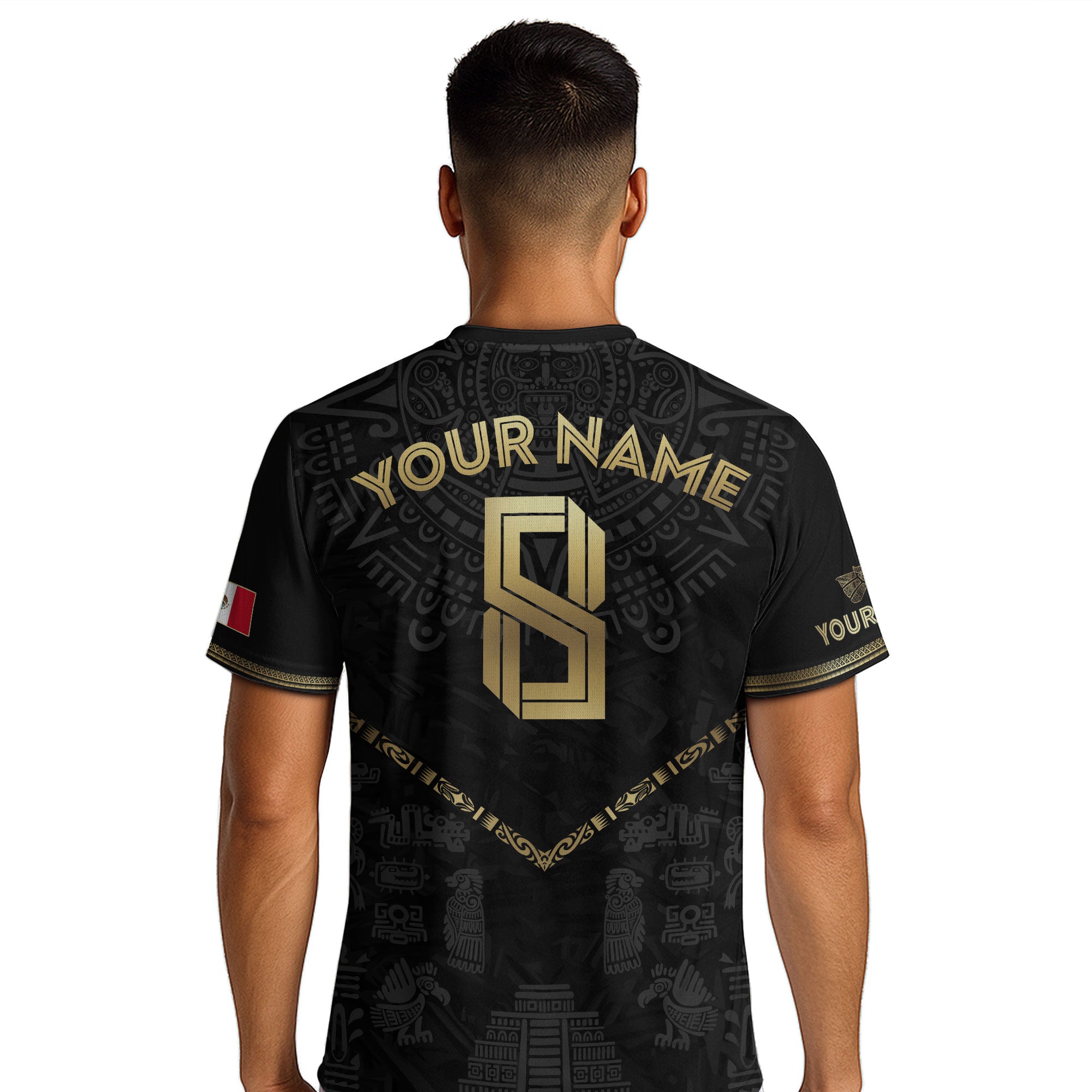 Custom Mexico Black Gold Aztec Calendar Pyramid Design Soccer Jersey