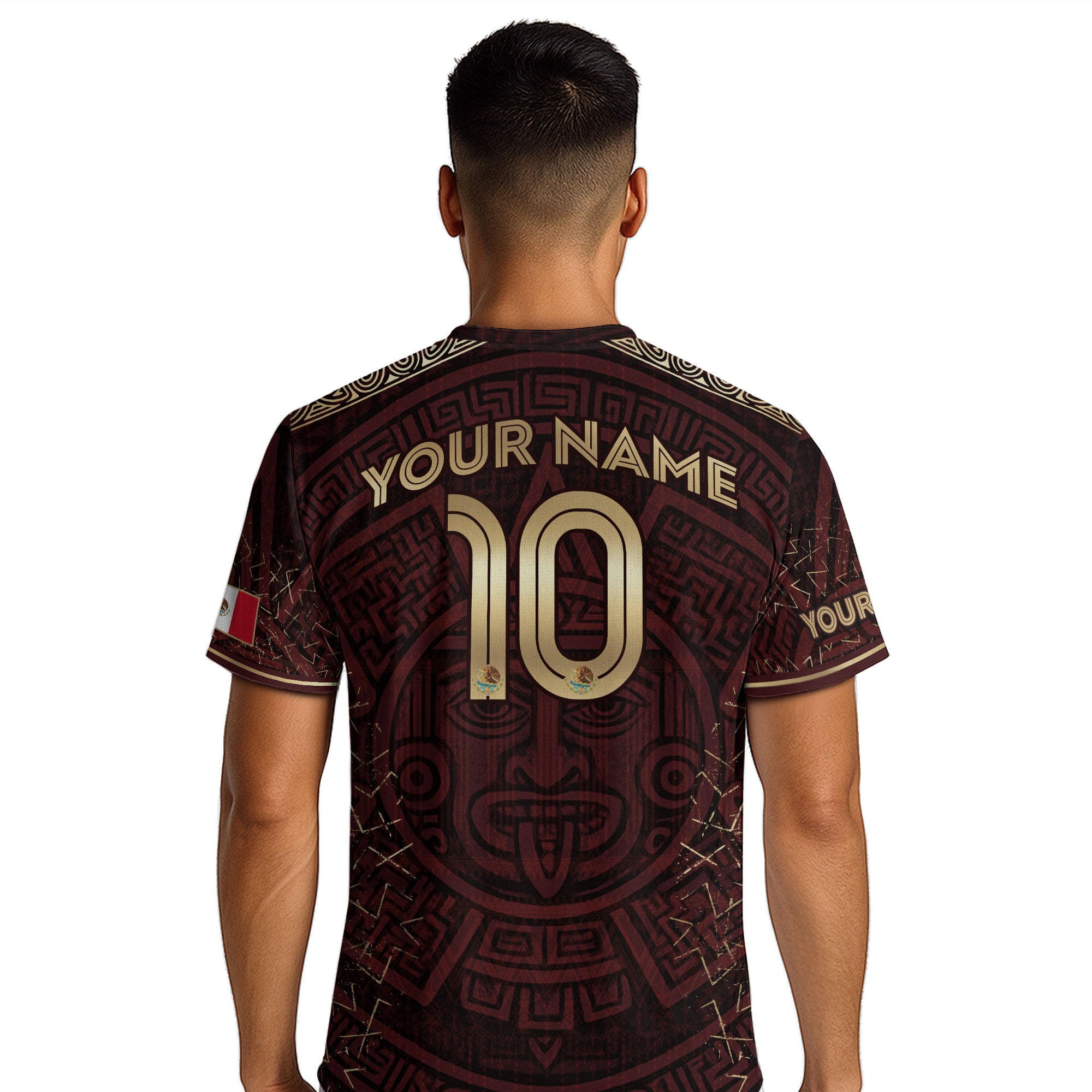 Custom Soccer Jersey Mexico Burgundy Gold Aztec Sun Design