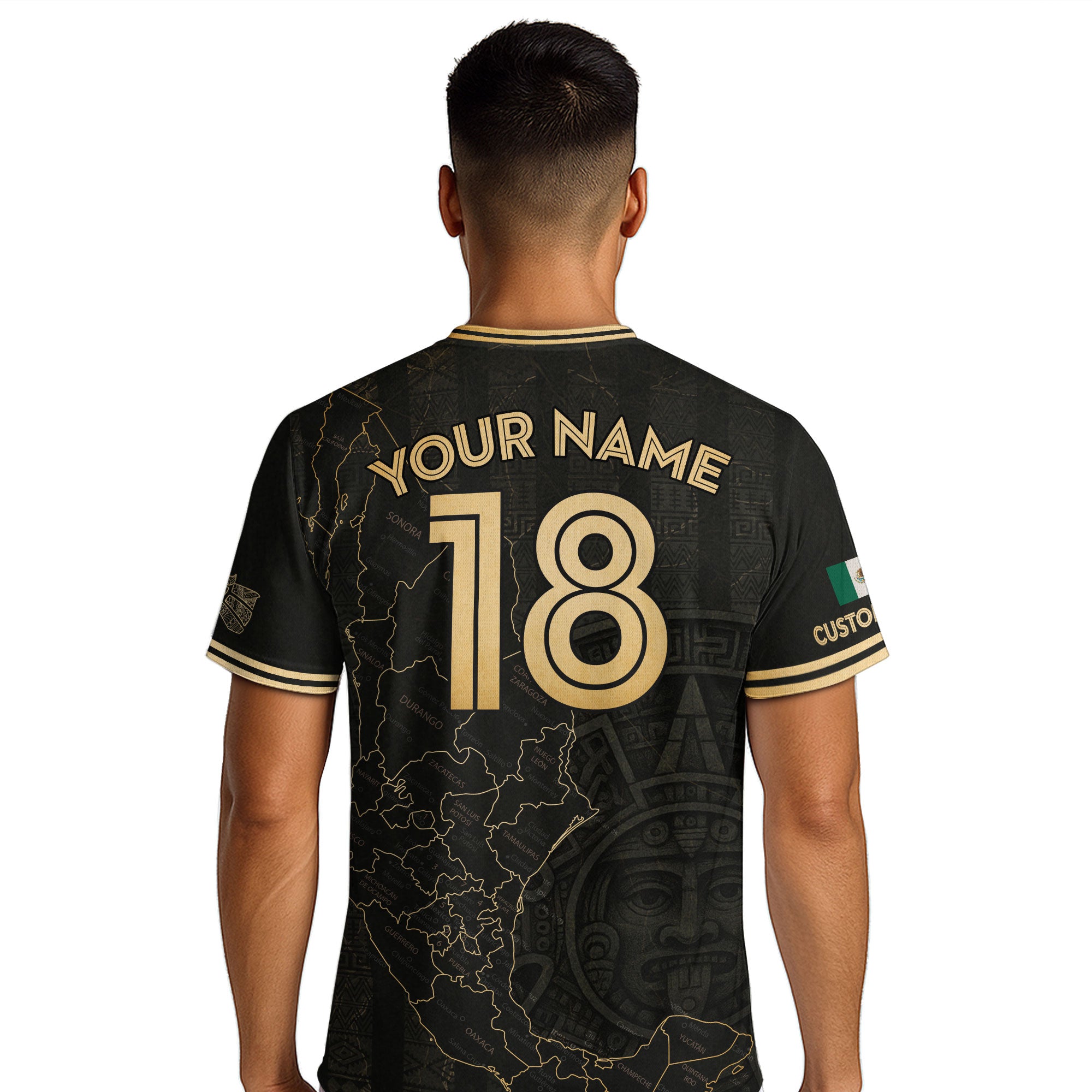 Custom Mexico Black Gold Map Aztec Sun Design Soccer Jersey