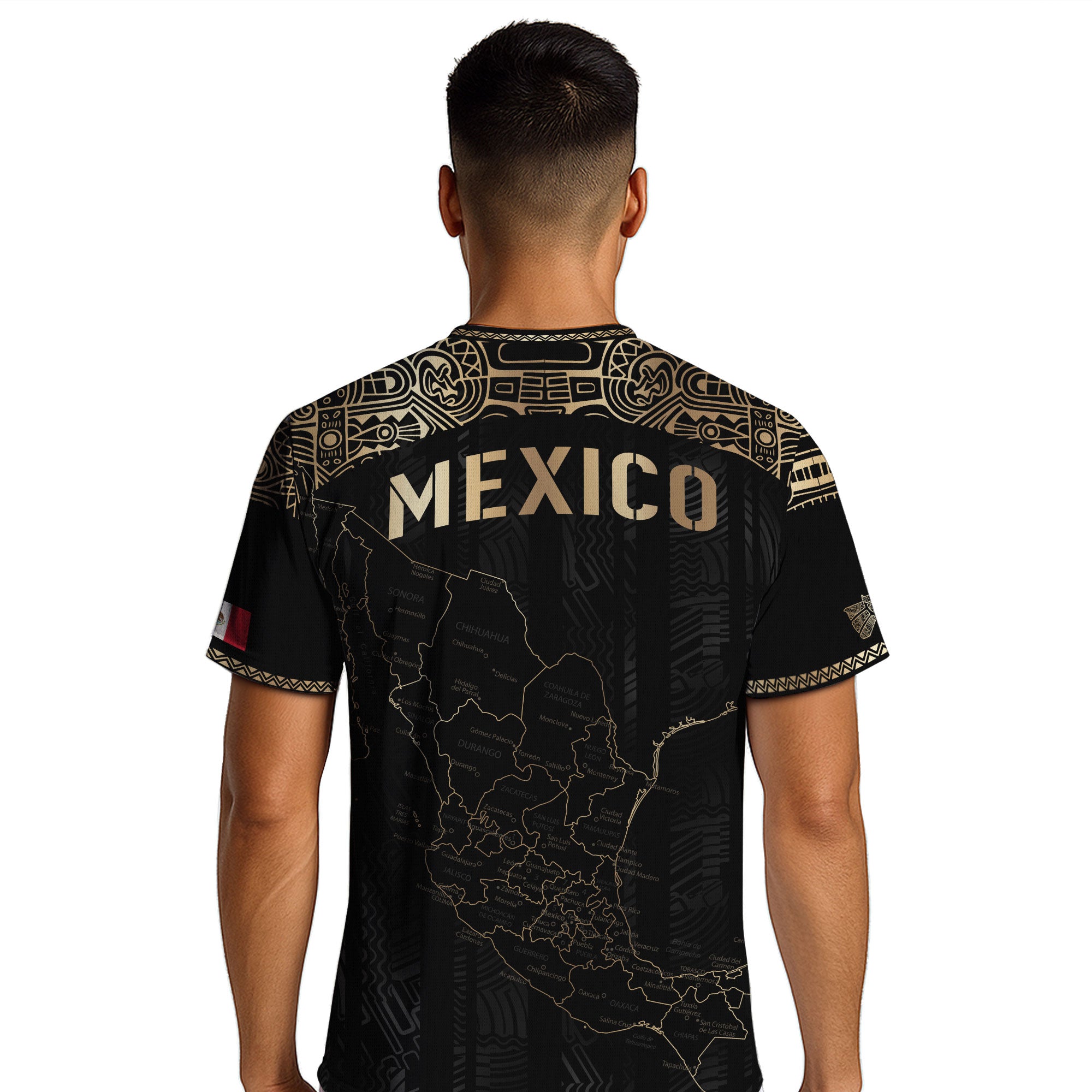 Mexico Black Heritage Map Soccer Jersey with Golden Aztec Details