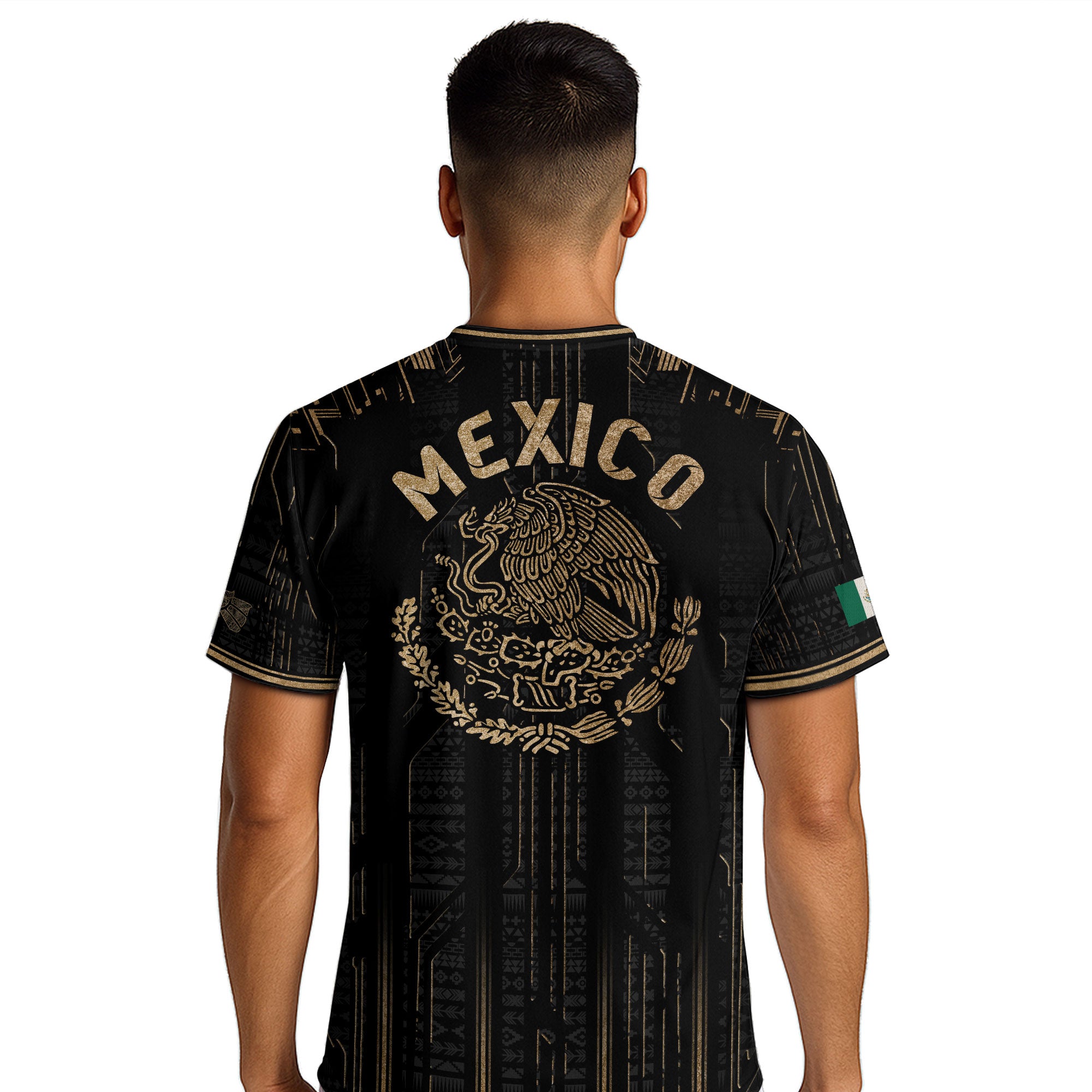 Mexico Soccer Jersey Black Aztec Warrior Gold Feather Design