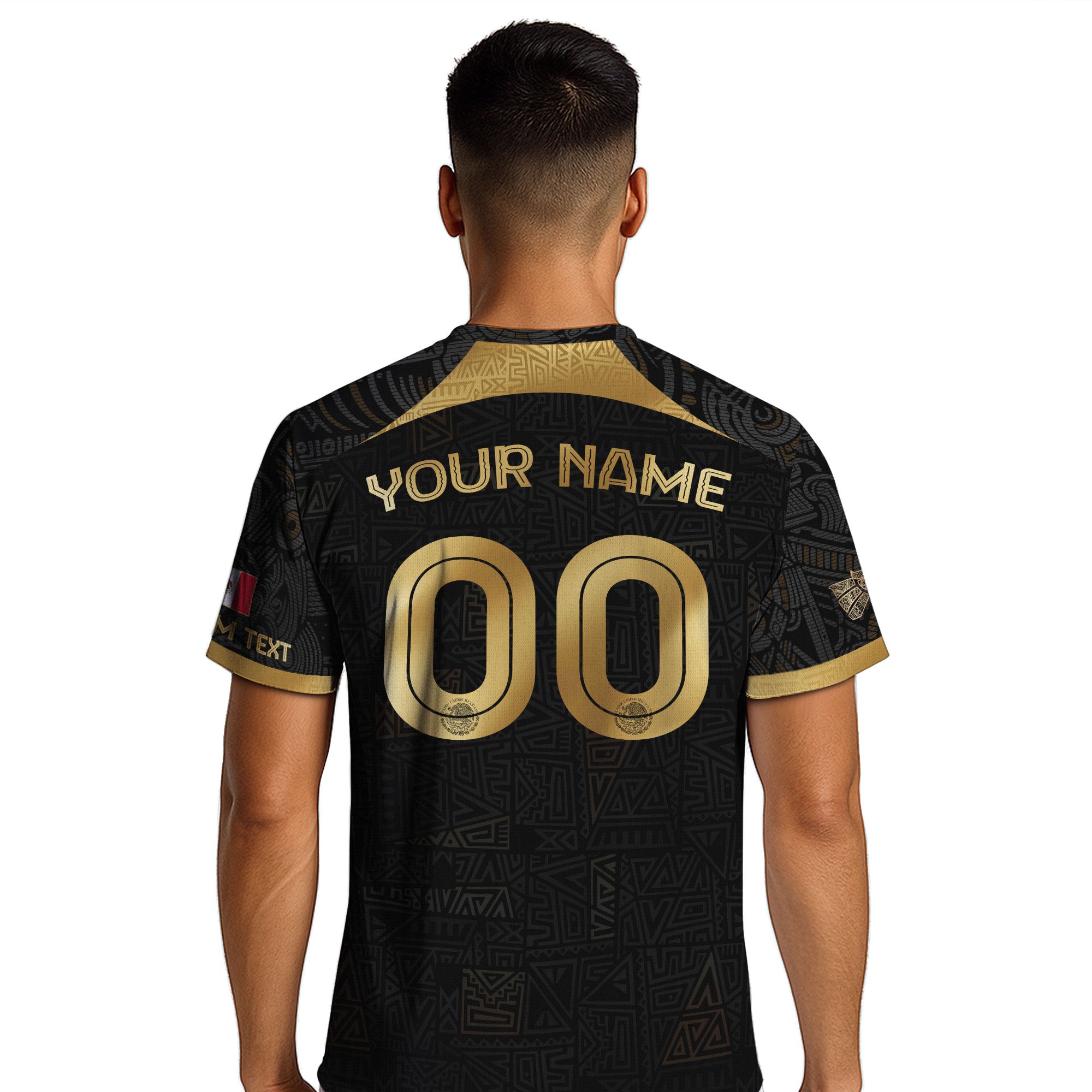 Custom Mexico Black Gold Soccer Jersey with Aztec Warrior Pattern