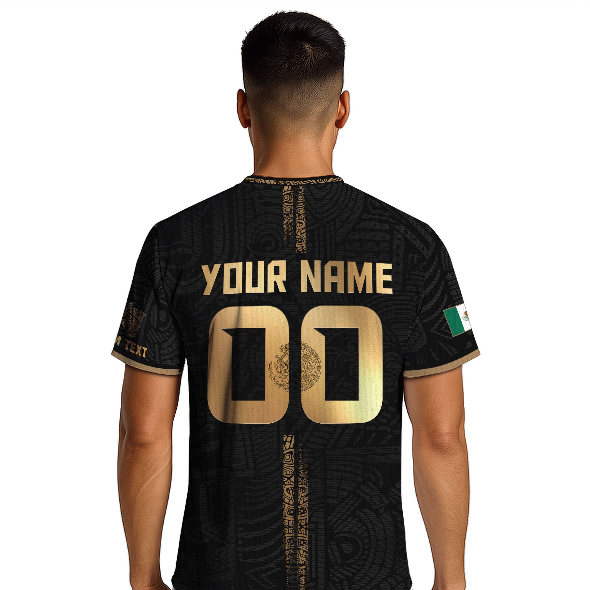 Custom Mexico Black Gold Soccer Jersey with Aztec Eagle Serpent Design