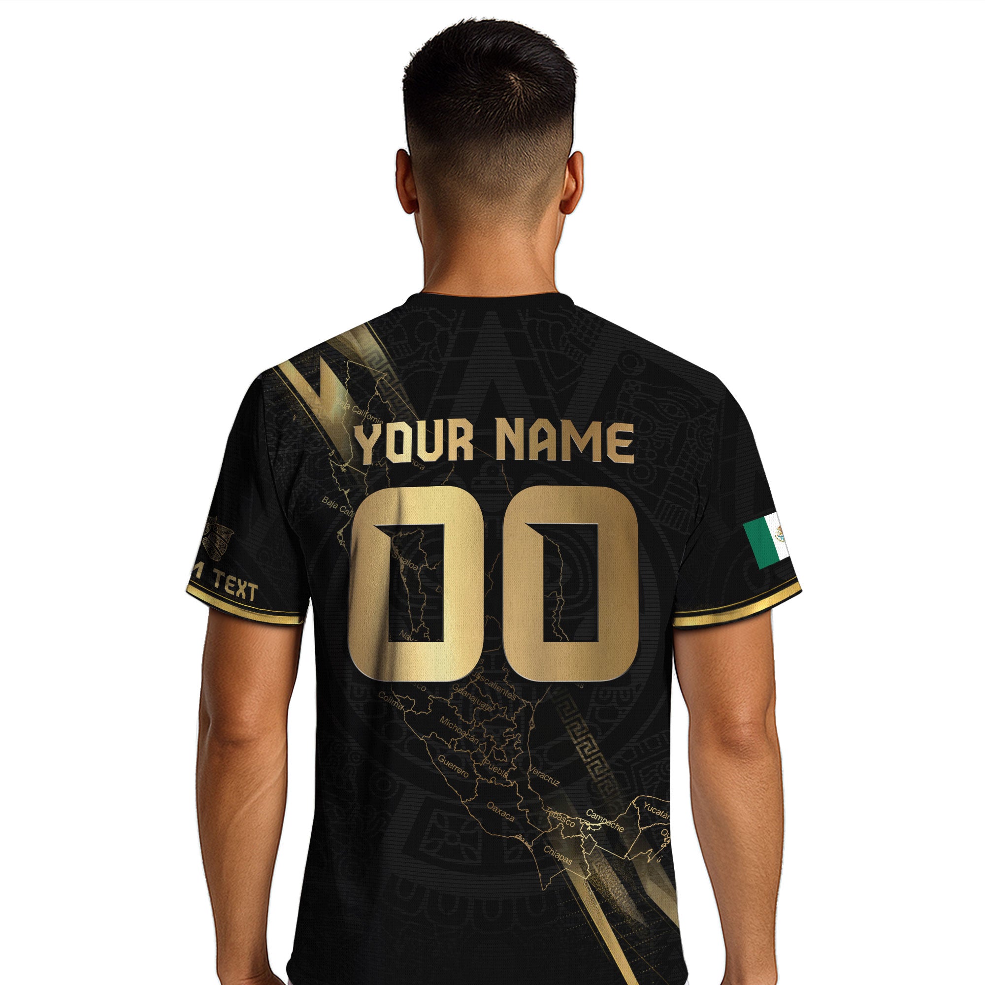 Custom Mexico Black Gold Soccer Jersey with Heritage Map Stripe Design