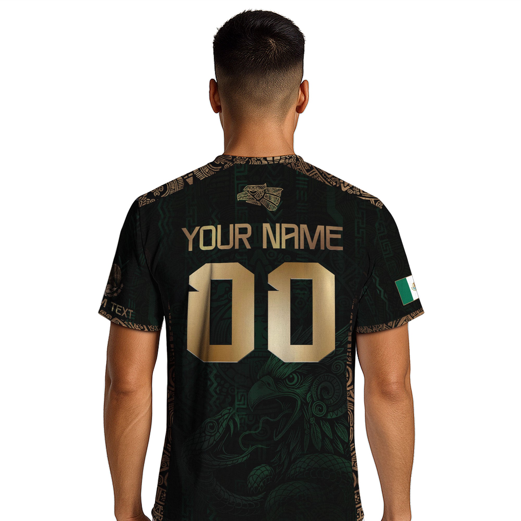 Custom Mexico Green Gold Soccer Jersey with Aztec Eagle Warrior Design