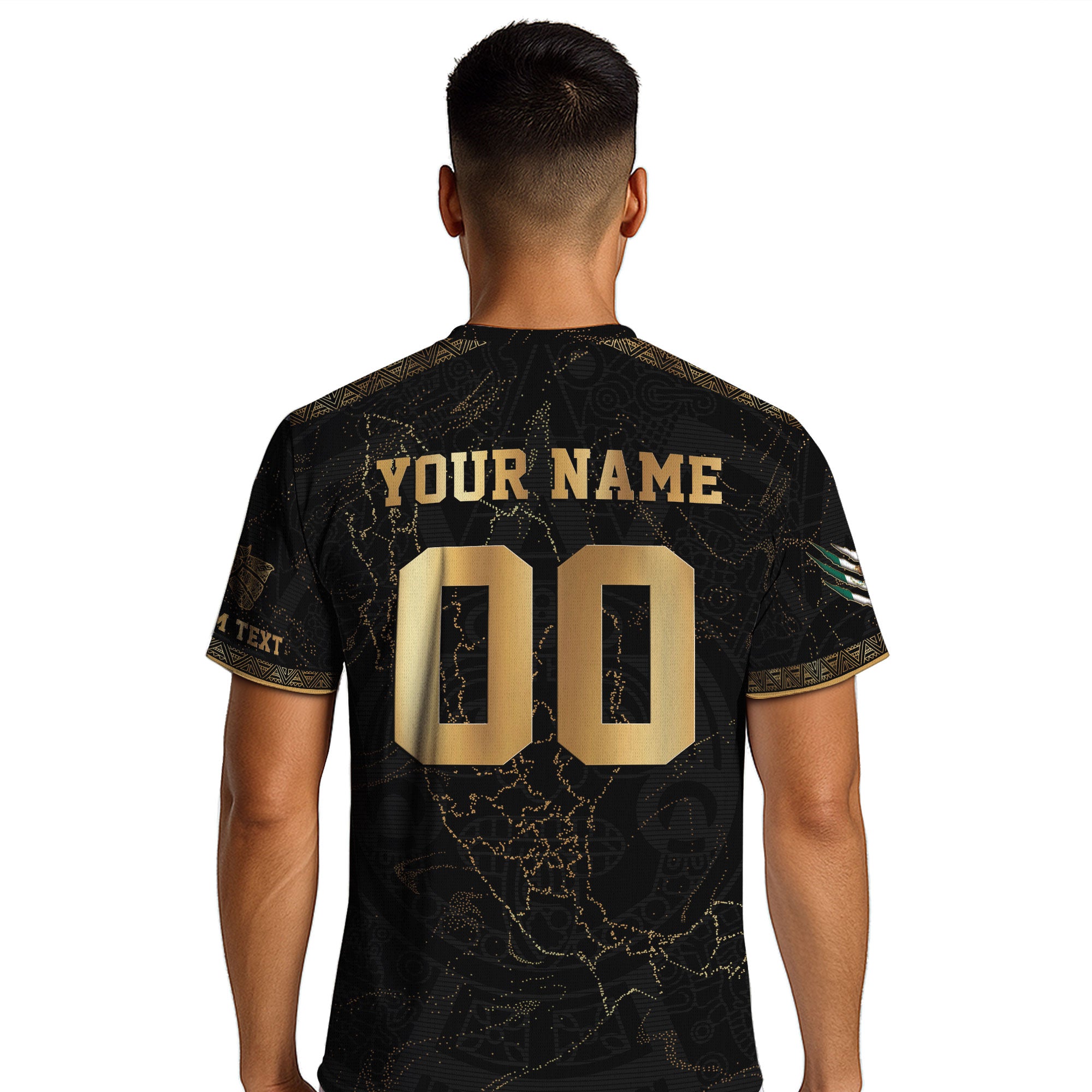 Custom Mexico Black Gold Soccer Jersey with Heritage Map and Aztec Pattern