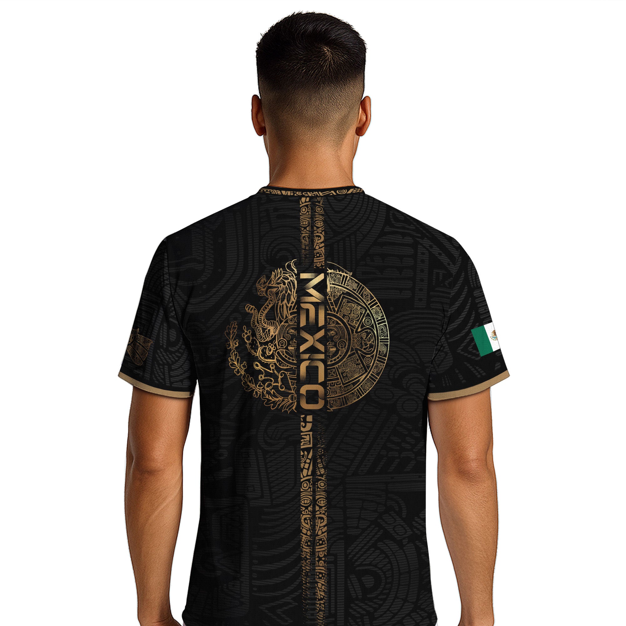 Camiseta de fútbol de la herencia del guerrero azteca del águila dorada negra de México
