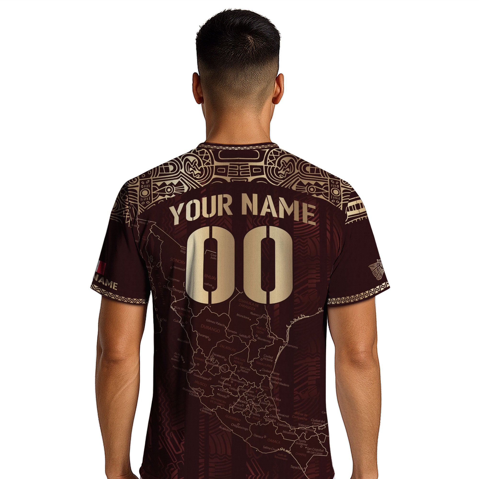 Custom Mexico Burgundy Soccer Jersey with Golden Aztec Map Design