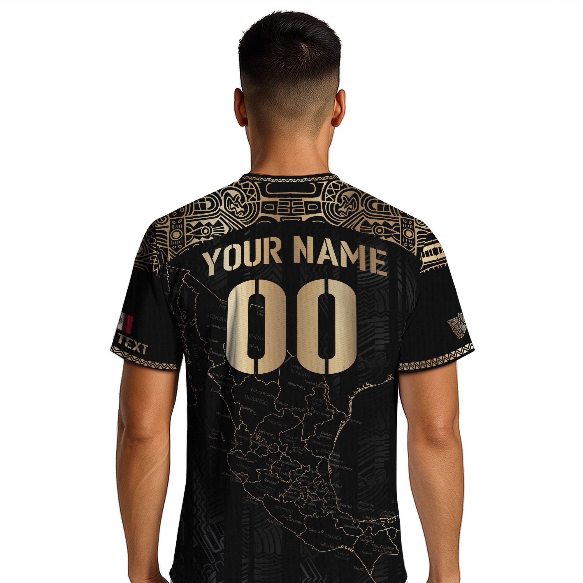 Custom Mexico Black Gold Soccer Jersey with Heritage Map and Aztec Details