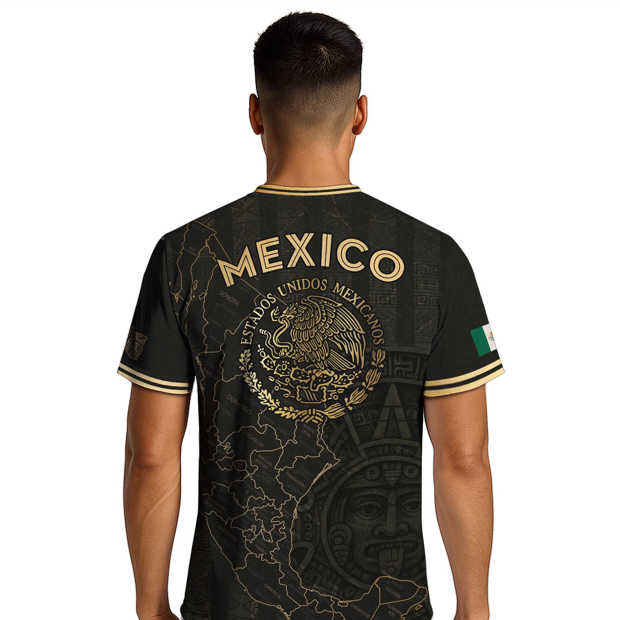 Camiseta de fútbol con el calendario azteca y el mapa negro y dorado de México