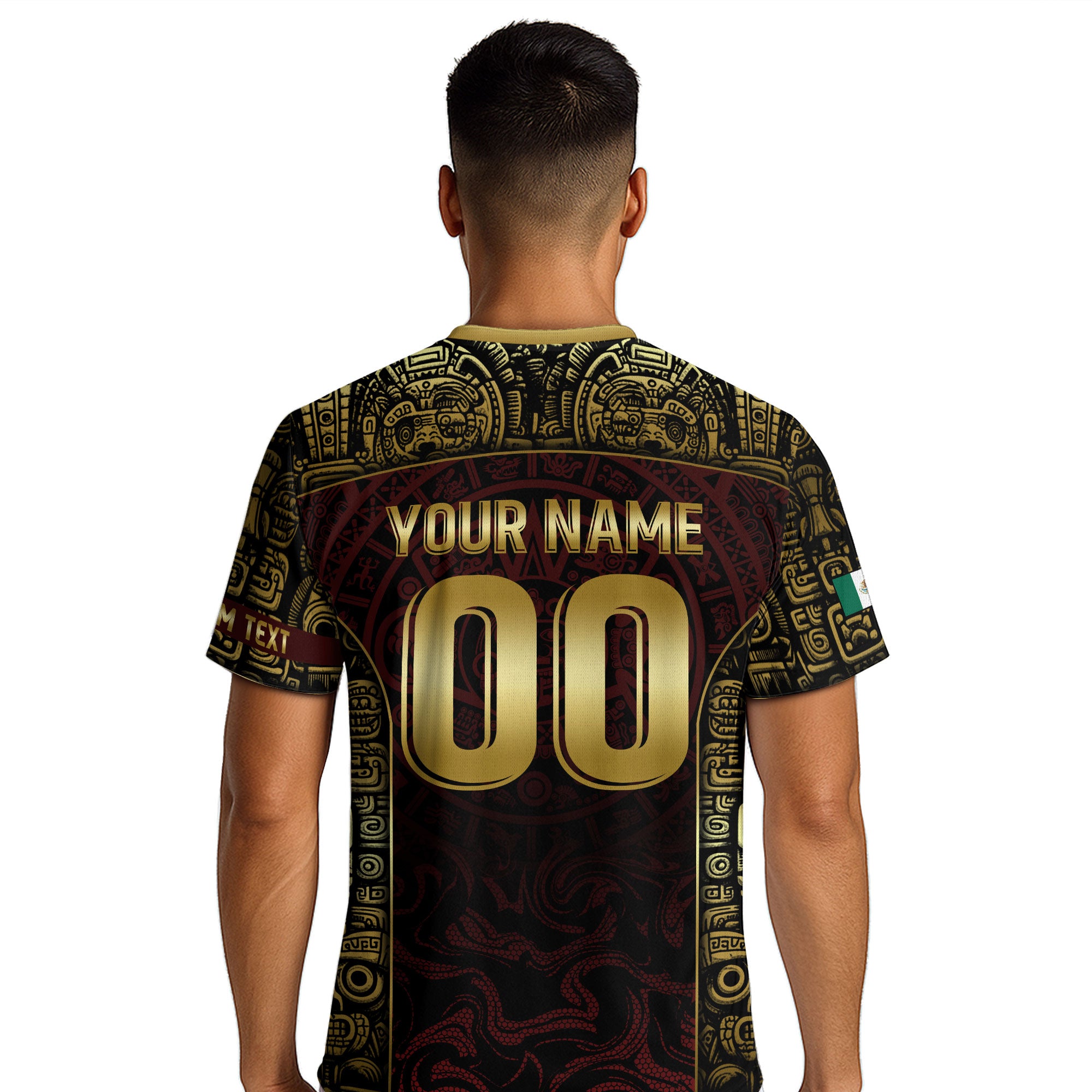 Custom Mexico Jersey Black Red Gold Aztec Calendar Design