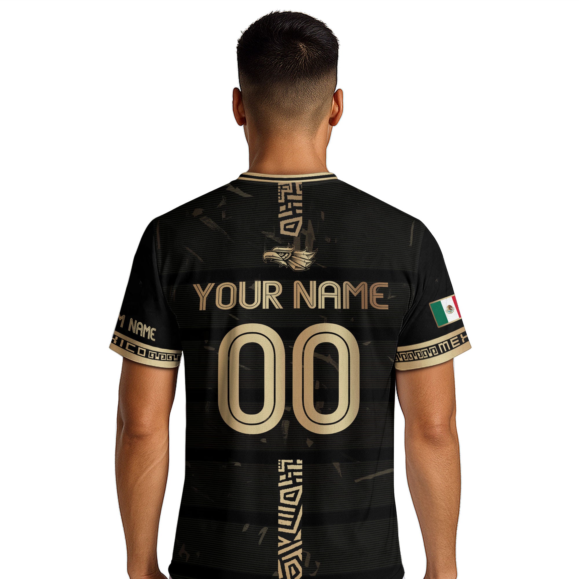 Custom Mexico Jersey Black Gold Eagle Serpent Aztec Warrior Design