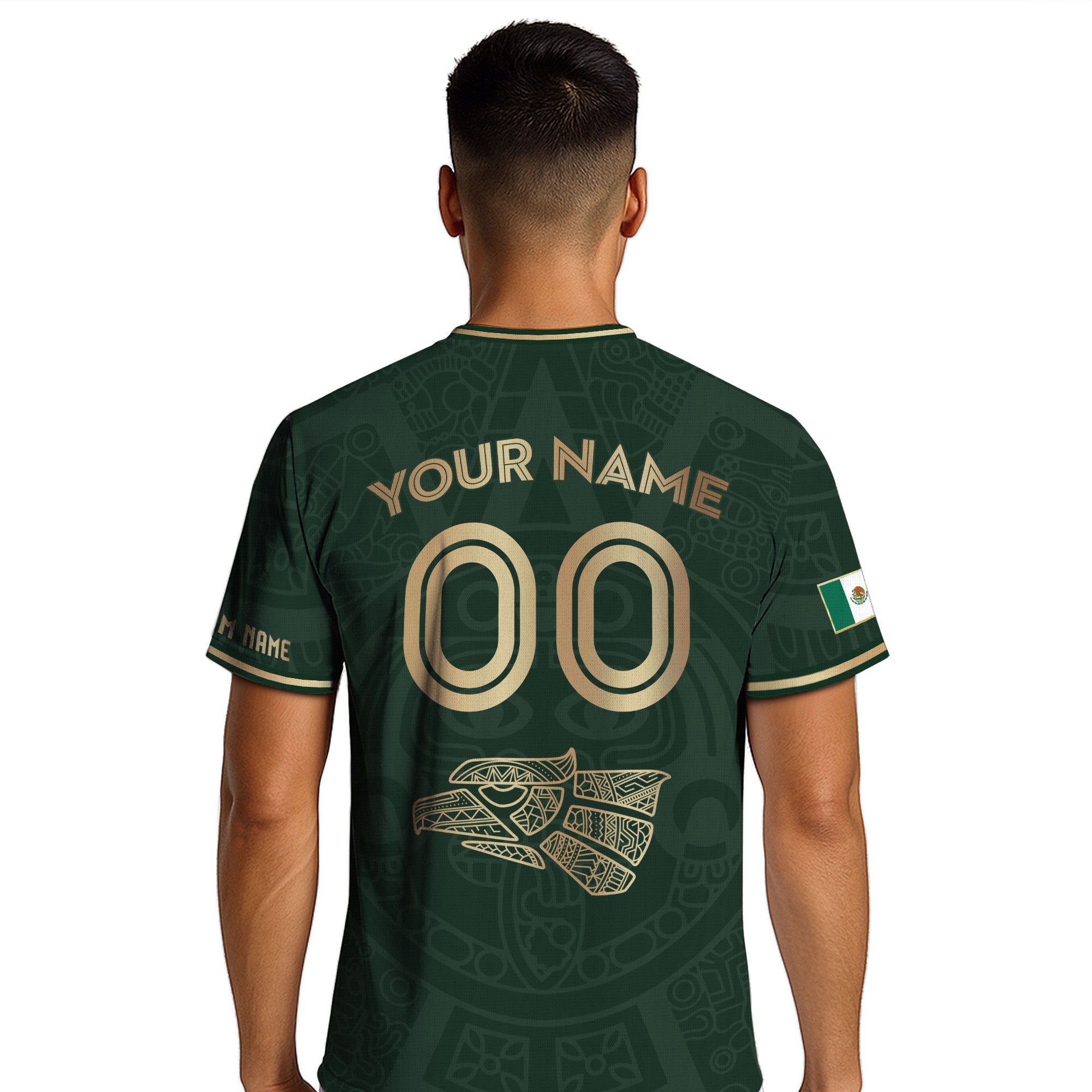 Custom Mexico Soccer Jersey Green Gold Aztec Calendar Design