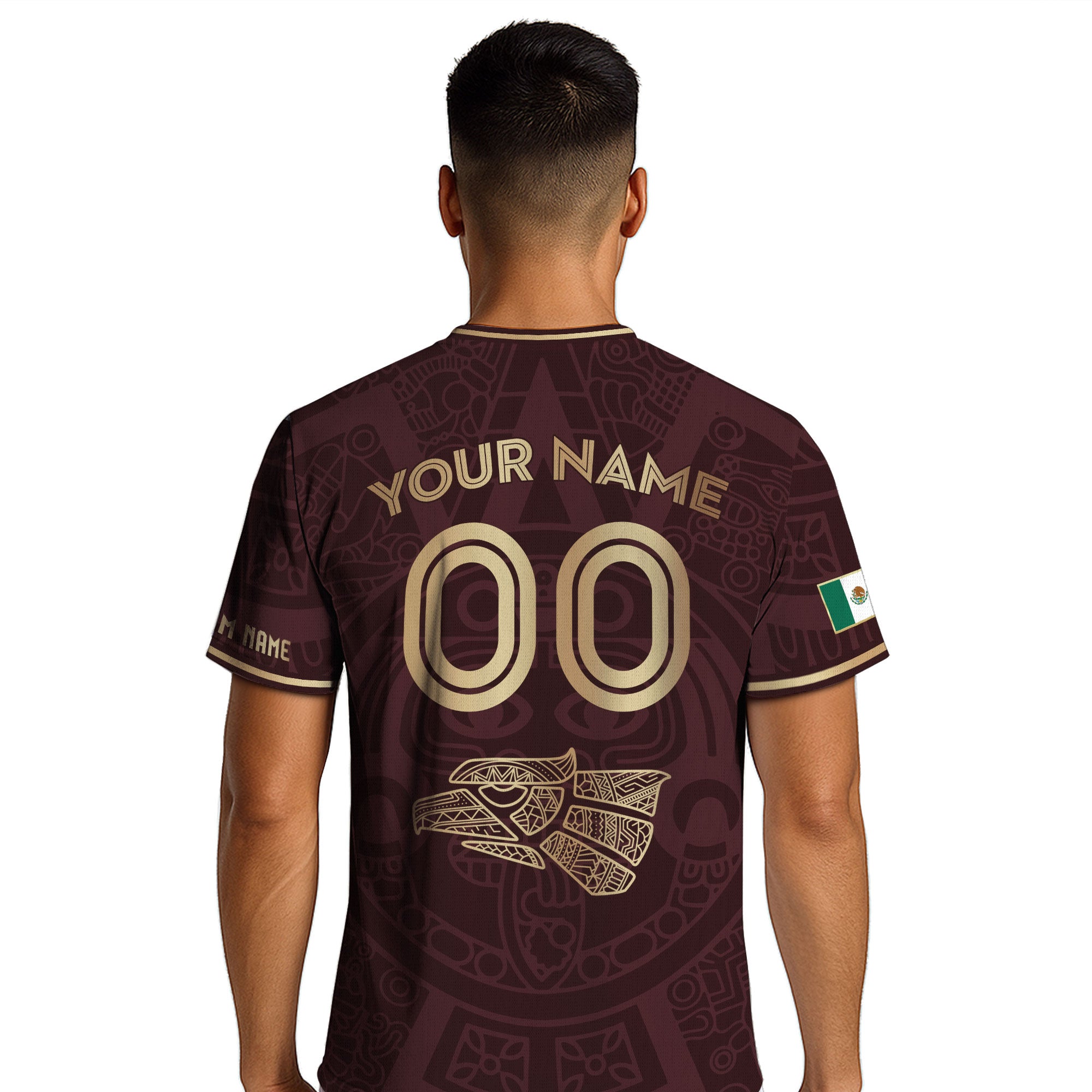 Custom Mexico Soccer Jersey Maroon Gold Aztec Calendar Design