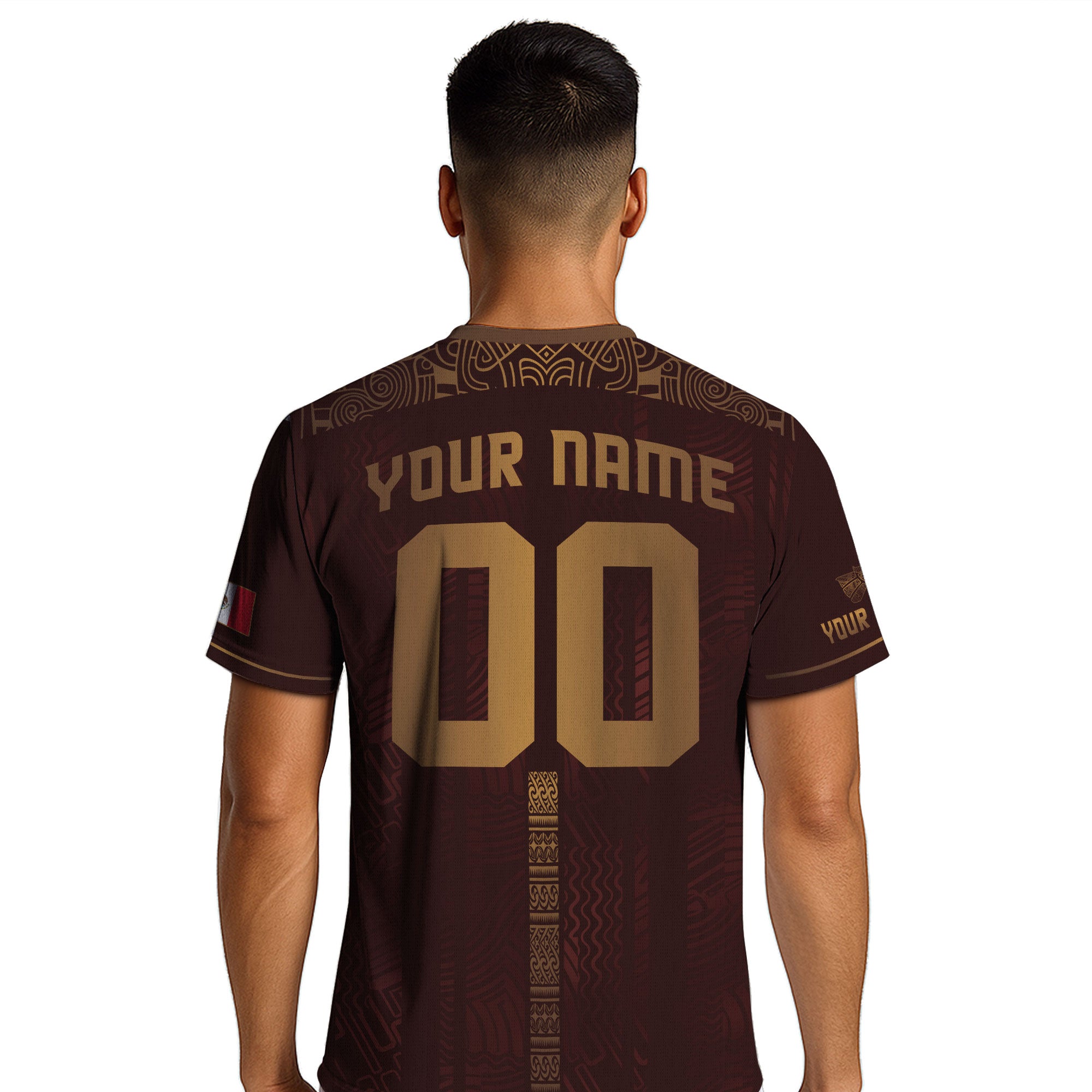 Custom Mexico Soccer Jersey Burgundy Gold Aztec Pattern Heritage Design