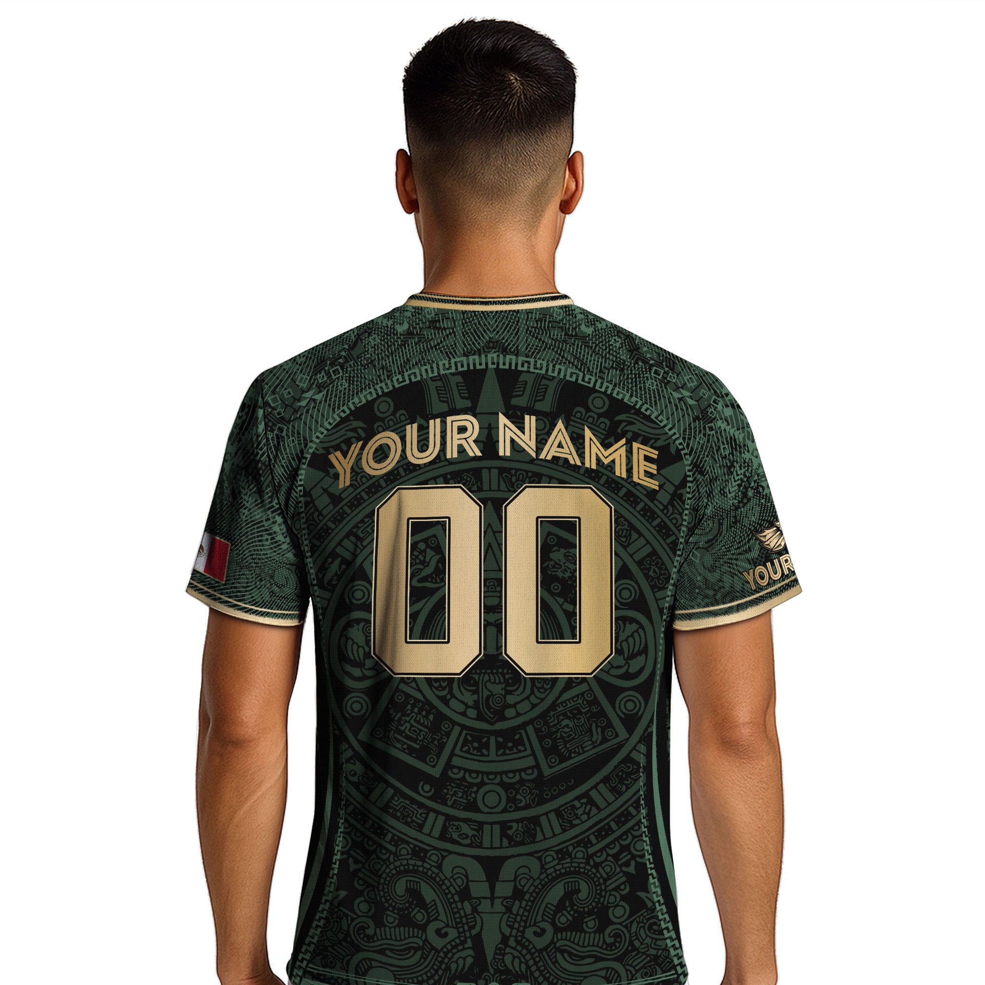 Custom Mexico Soccer Jersey Green Gold Aztec Calendar Heritage Design