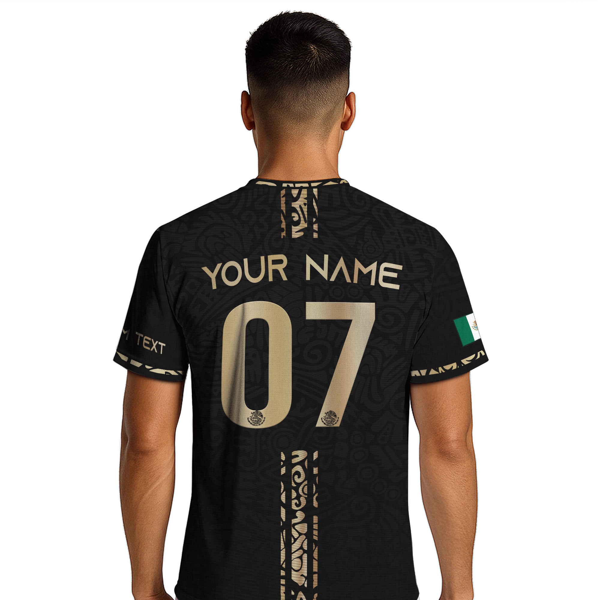 Custom Mexico Soccer Jersey Black Gold Aztec Warrior Face Design
