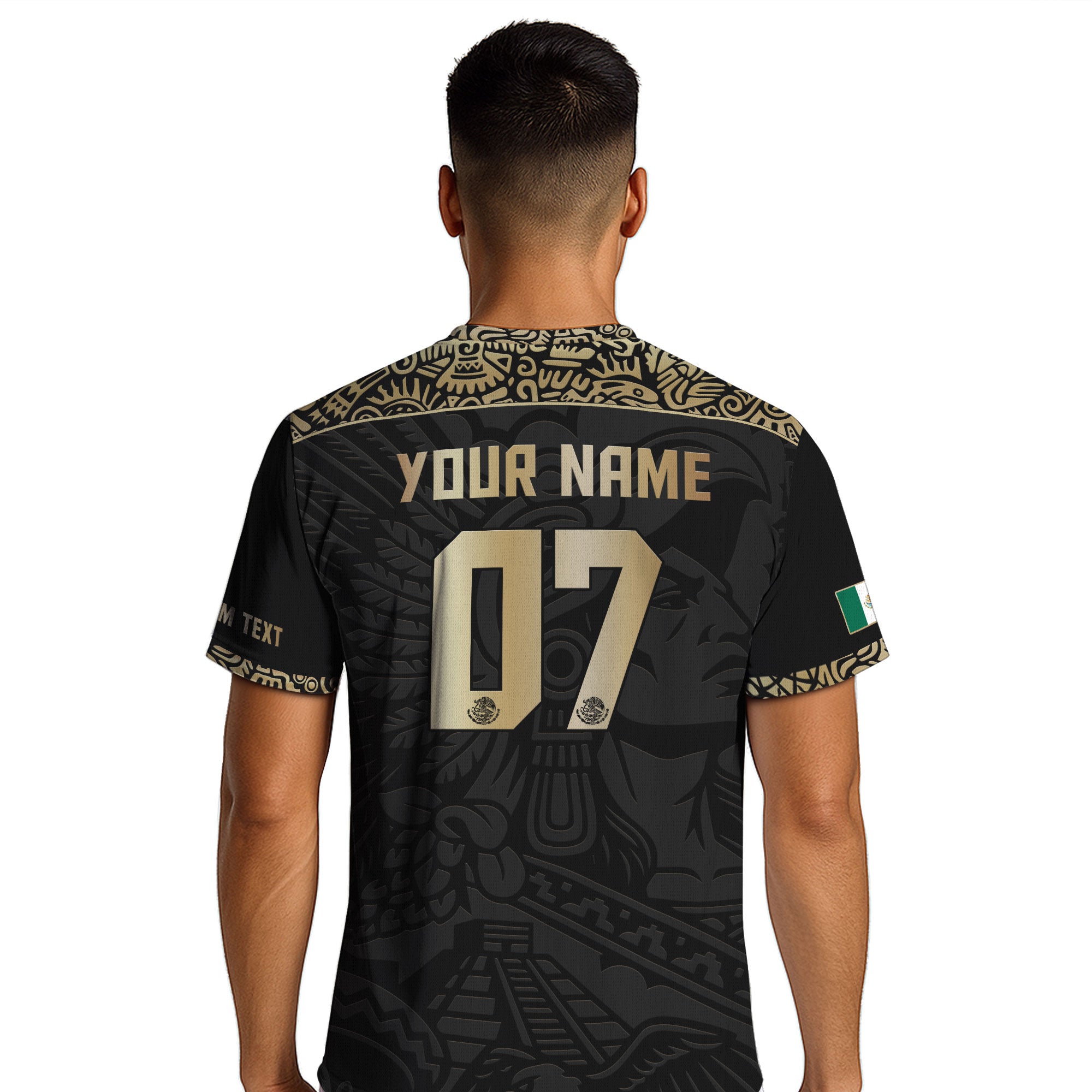 Custom Mexico Soccer Jersey Black Gold Aztec Eagle Pyramid Design