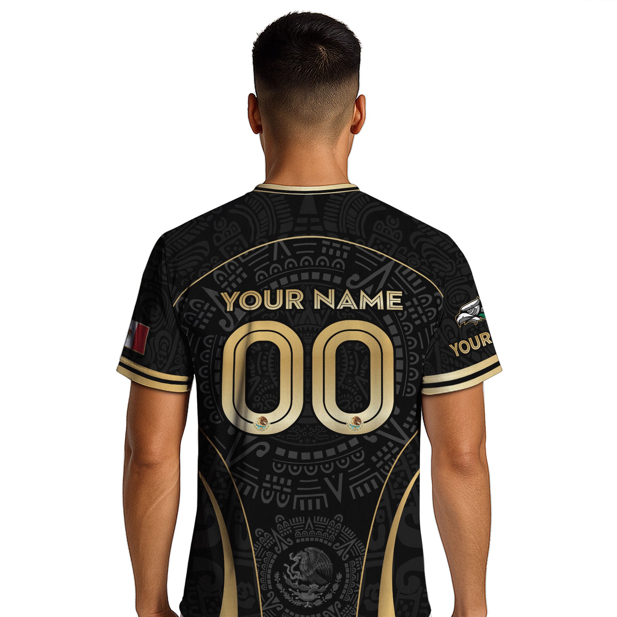 Custom Mexico Soccer Jersey Black Gold Aztec Calendar Design
