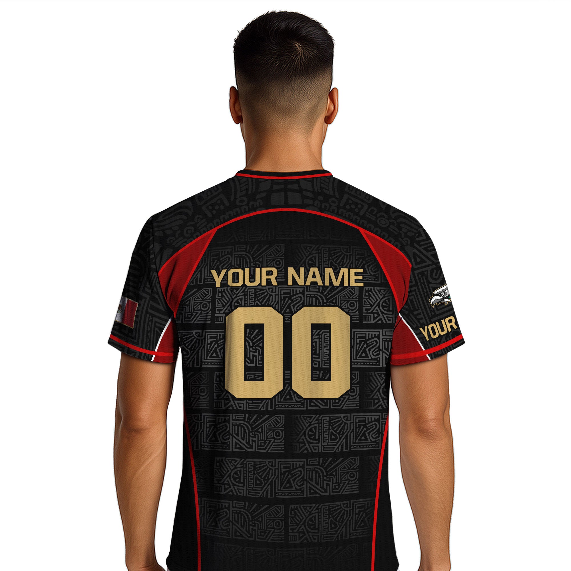 Custom Mexico Soccer Jersey Black Red Gold Aztec Pattern Design