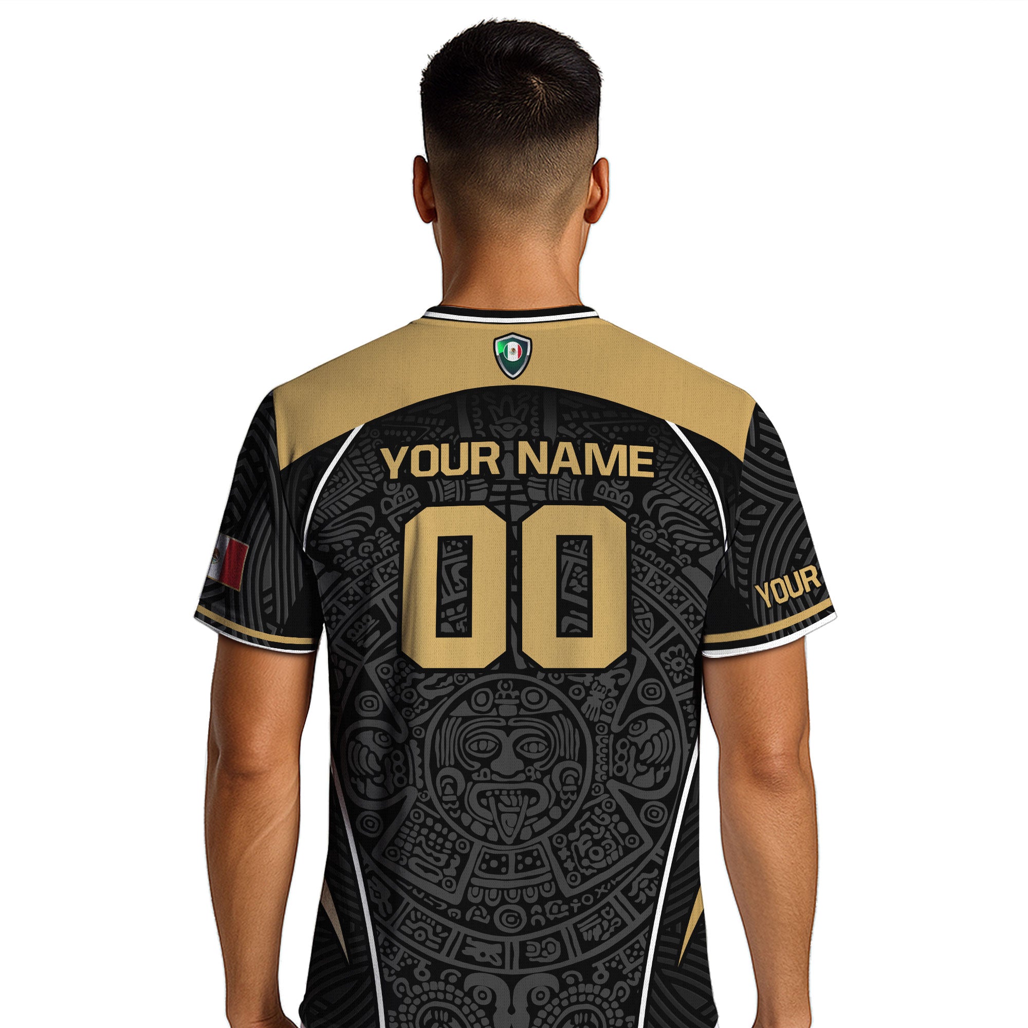 Custom Mexico Soccer Jersey Black Gold Heritage Aztec Pattern Design
