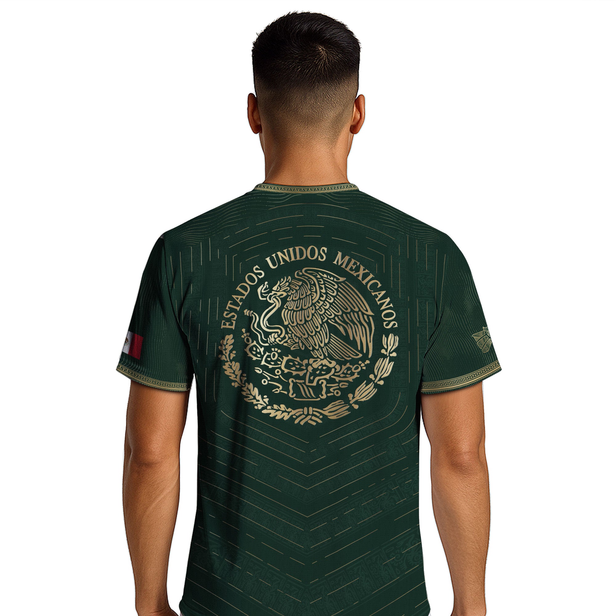 Camiseta de fútbol premium con emblema de águila azteca verde y dorado de México