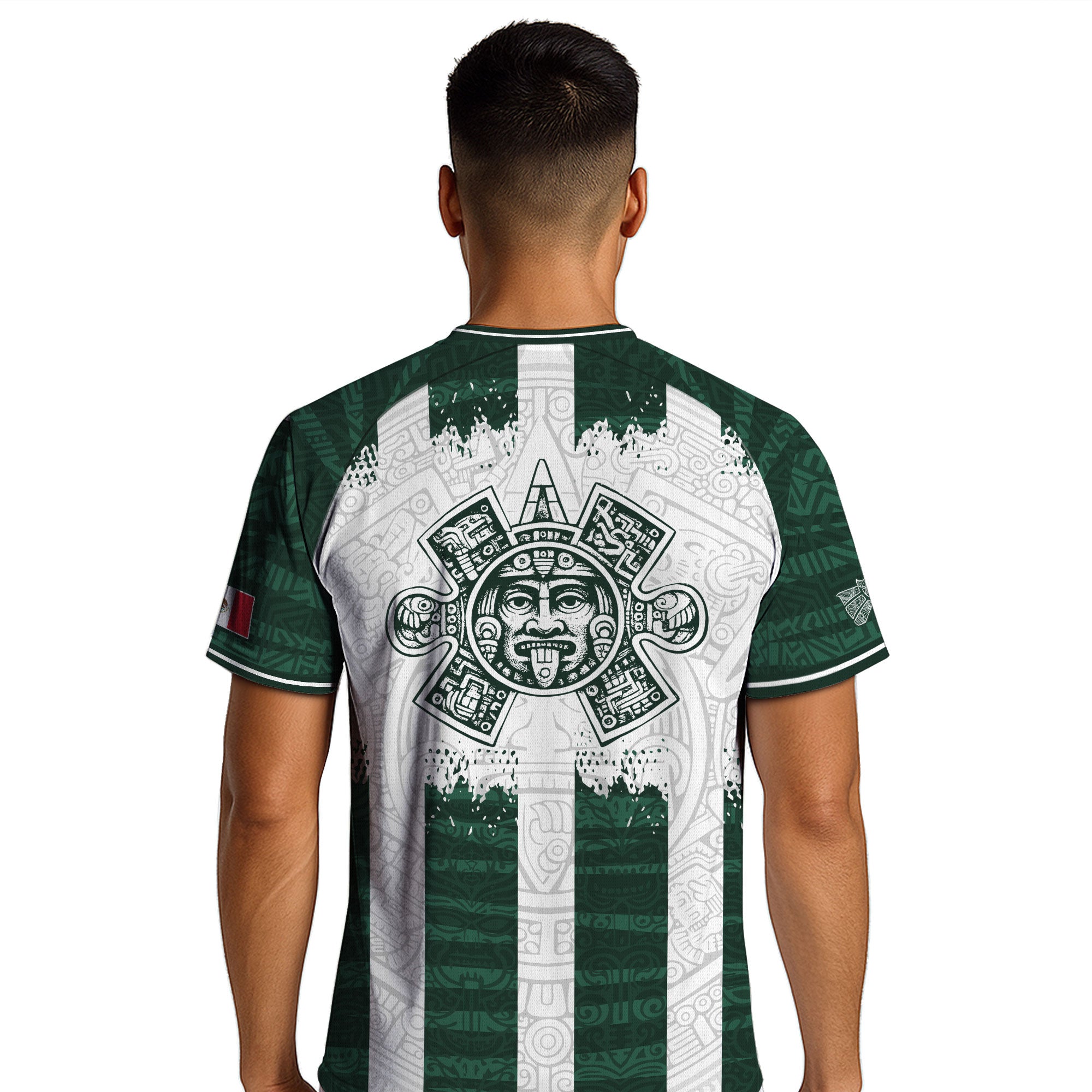 Camiseta de fútbol premium con emblema de águila azteca verde y dorado de México