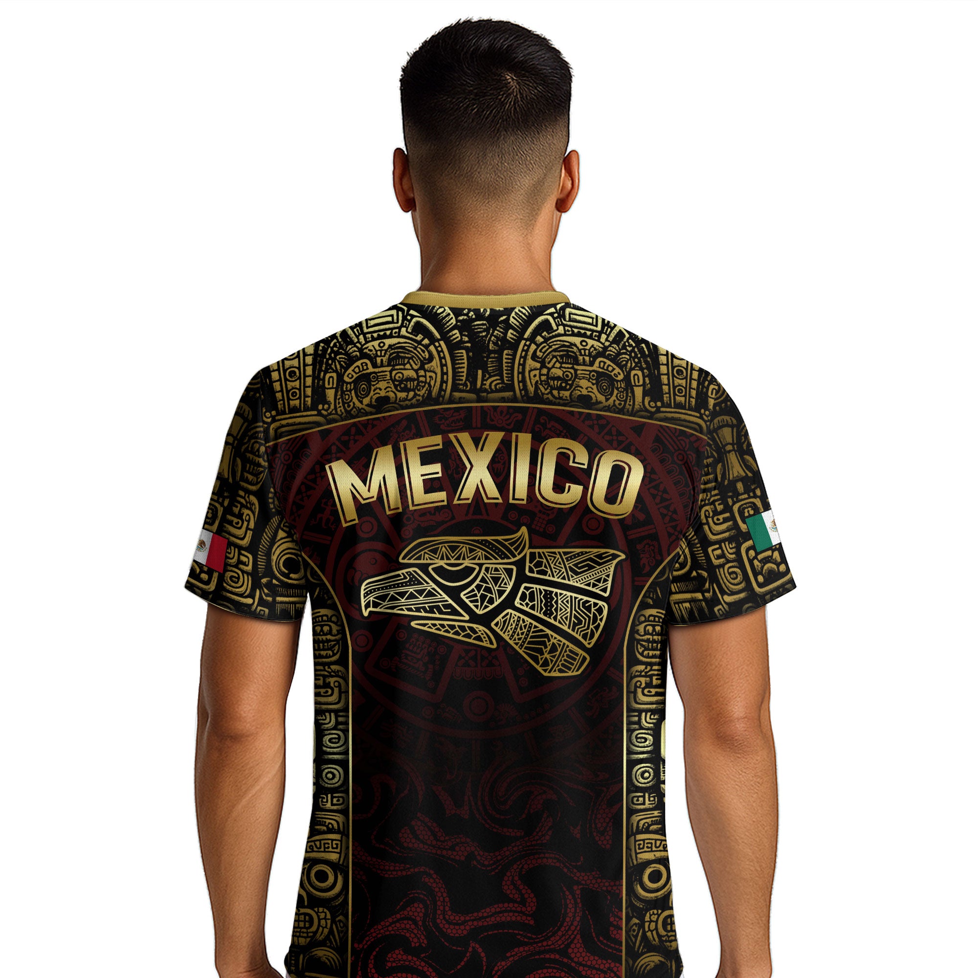Mexico Soccer Jersey Black Red Gold Aztec Calendar Design