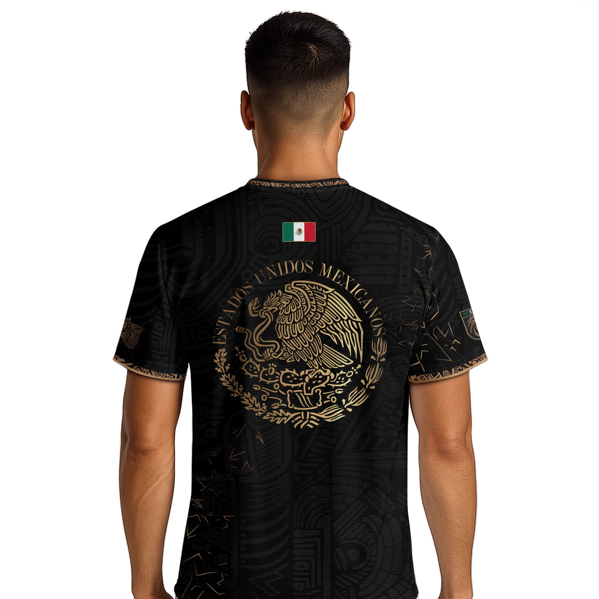 Camiseta de fútbol premium con emblema de águila azteca verde y dorado de México