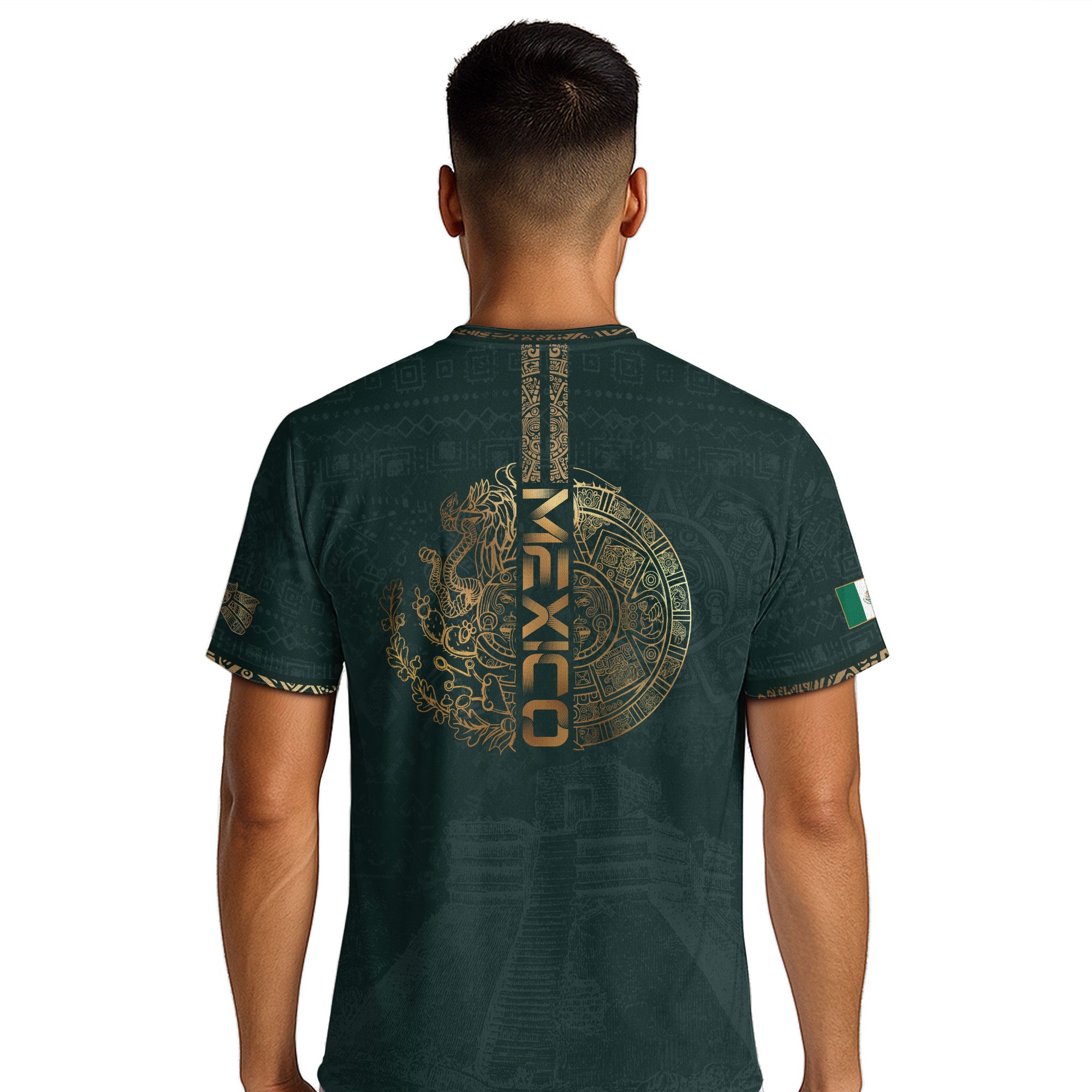 Camiseta de fútbol premium con emblema de águila azteca verde y dorado de México
