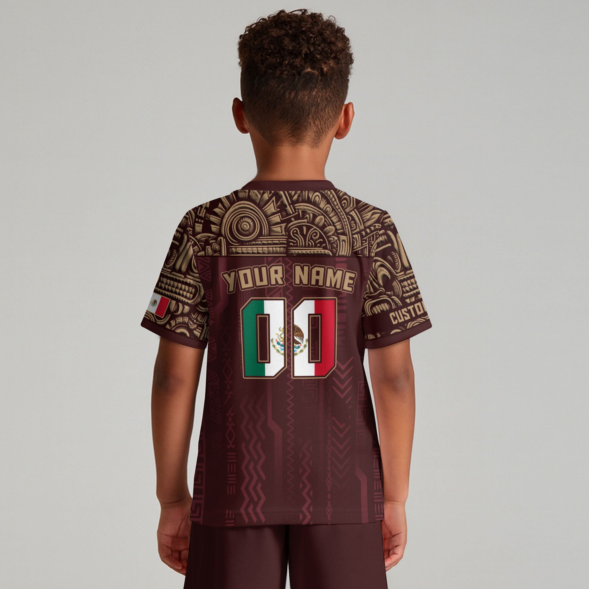 Custom Mexico Kids Soccer Jersey Red Aztec Warrior Style