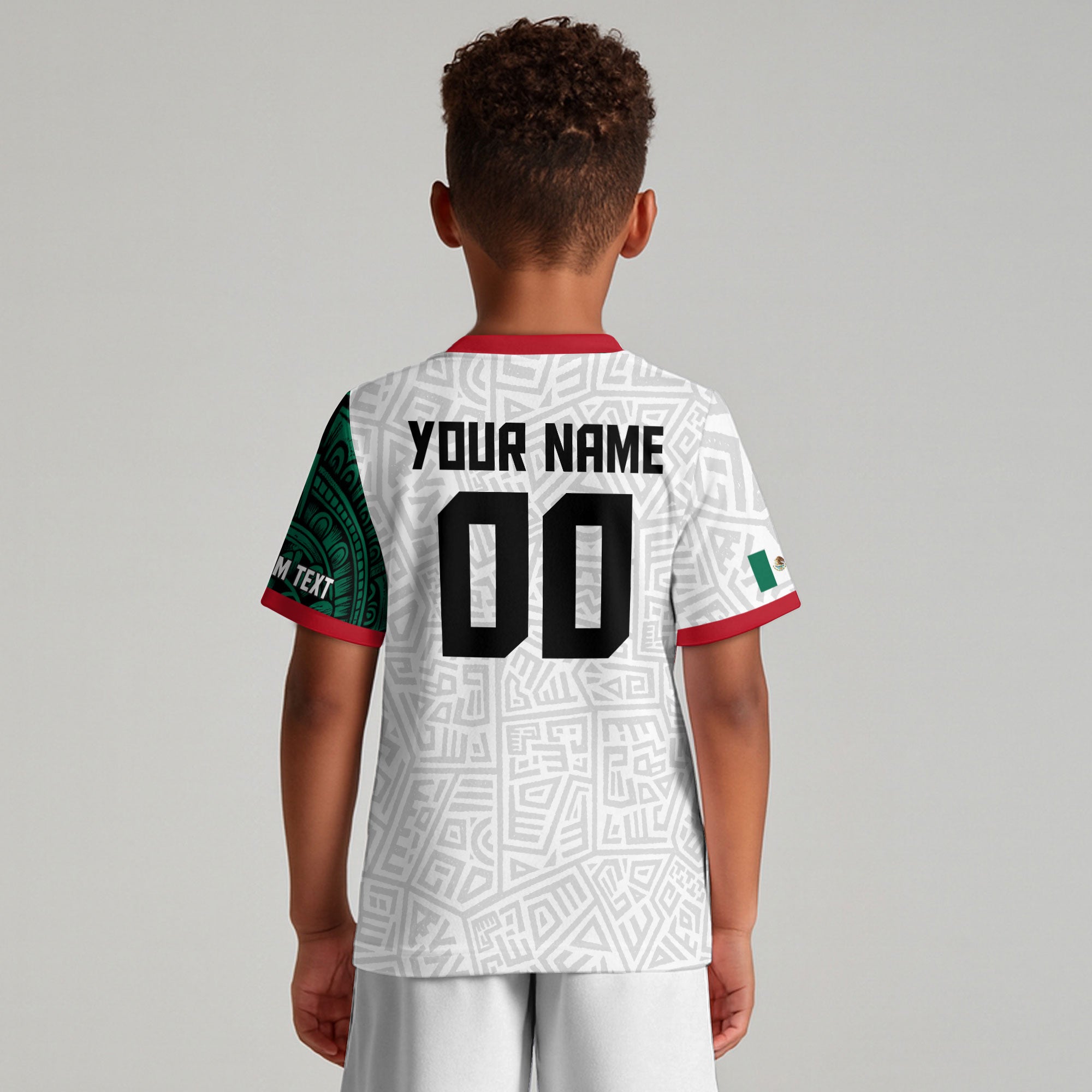 Custom Mexico Kids Soccer Jersey White Green Aztec Design