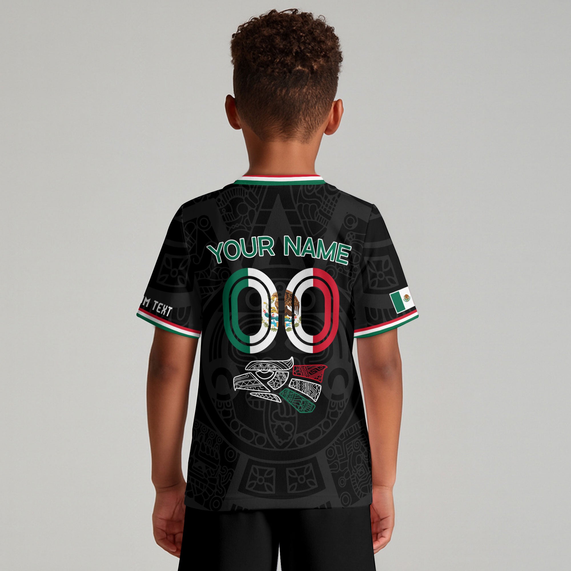 Custom Mexico Kids Soccer Jersey Black Heritage Pattern