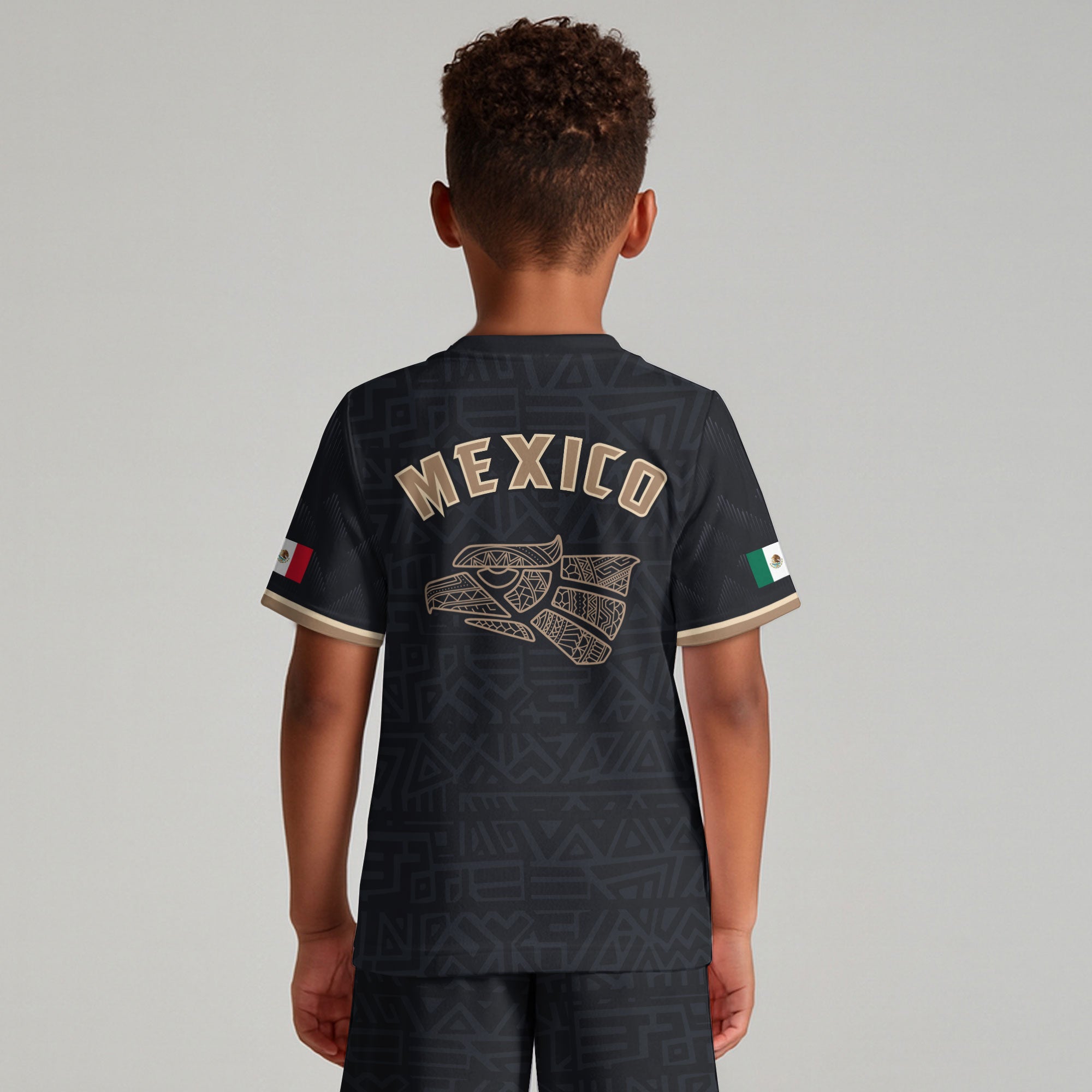 Mexico Kids Soccer Jersey Black Gold Aztec Eagle Serpent Design