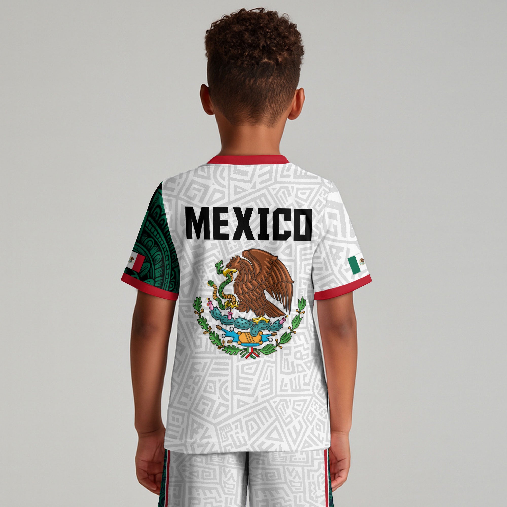 Mexico Kids Soccer Jersey White Green Aztec Eagle Design
