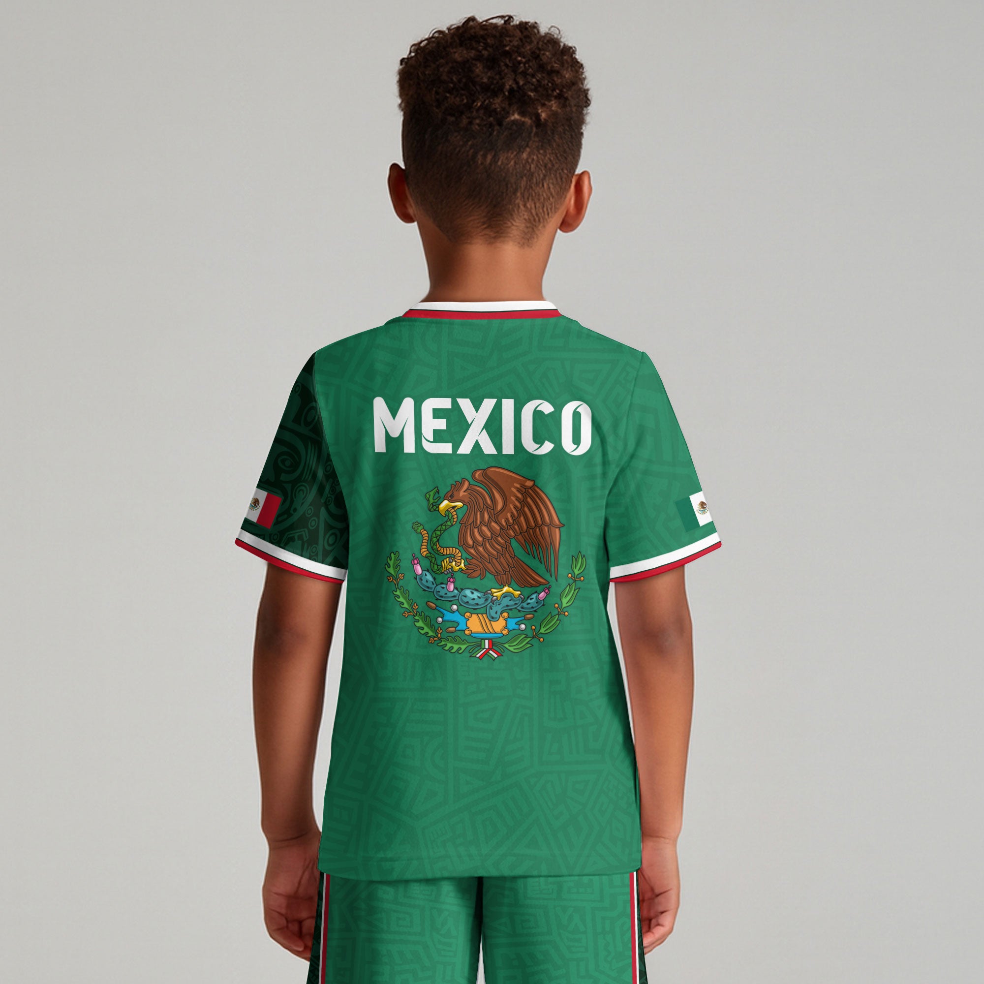 Mexico Kids Soccer Jersey Green Aztec Pattern Crest Design