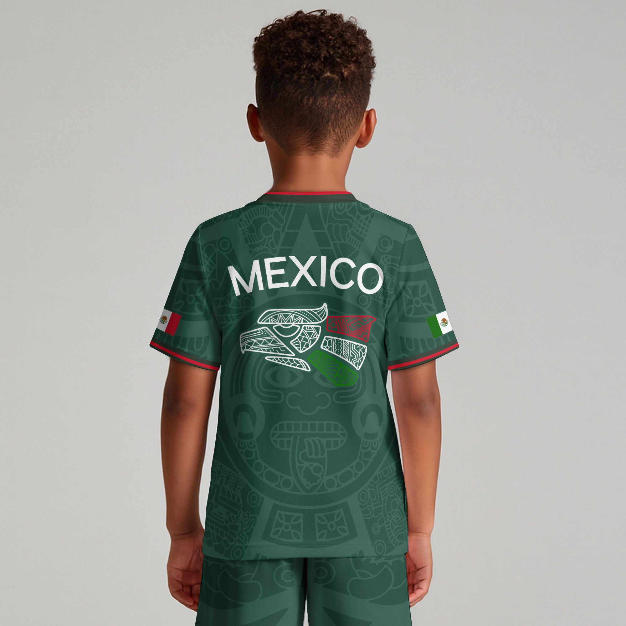 Mexico Kids Soccer Jersey Green Flag Colors Aztec Pattern Design