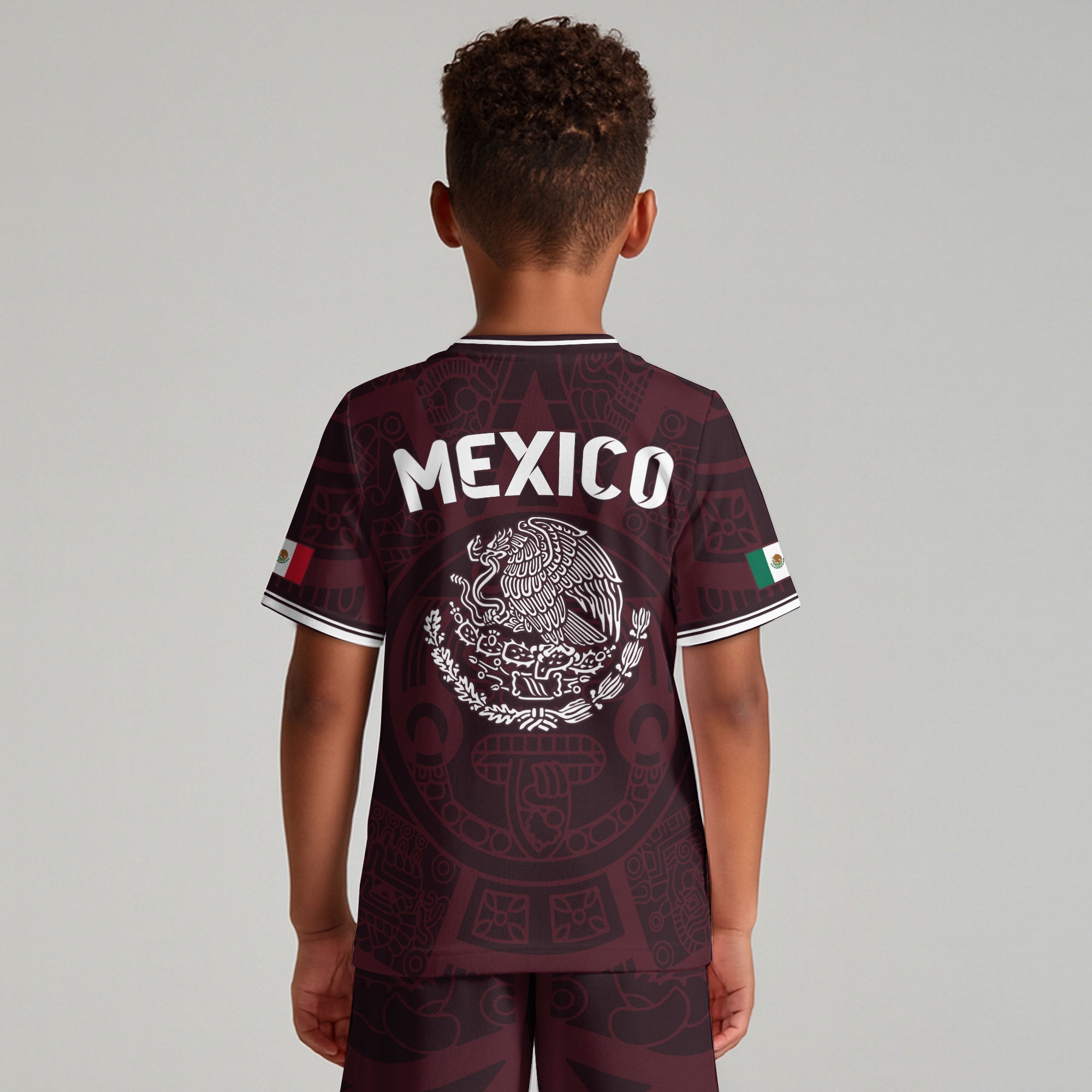 Mexico Kids Soccer Jersey Burgundy Aztec Pattern Crest Design