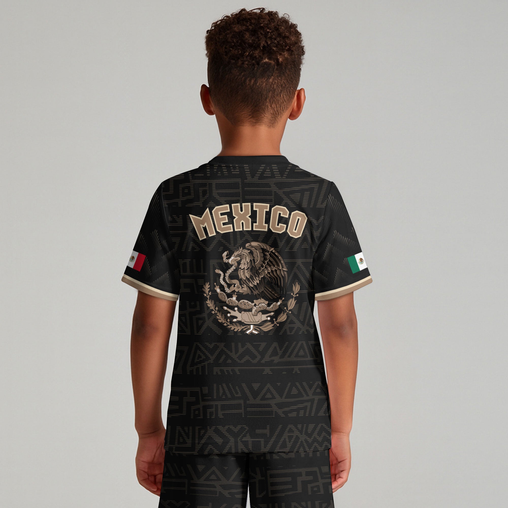 Mexico Kids Soccer Jersey Black Gold Aztec Warrior Eagle Design