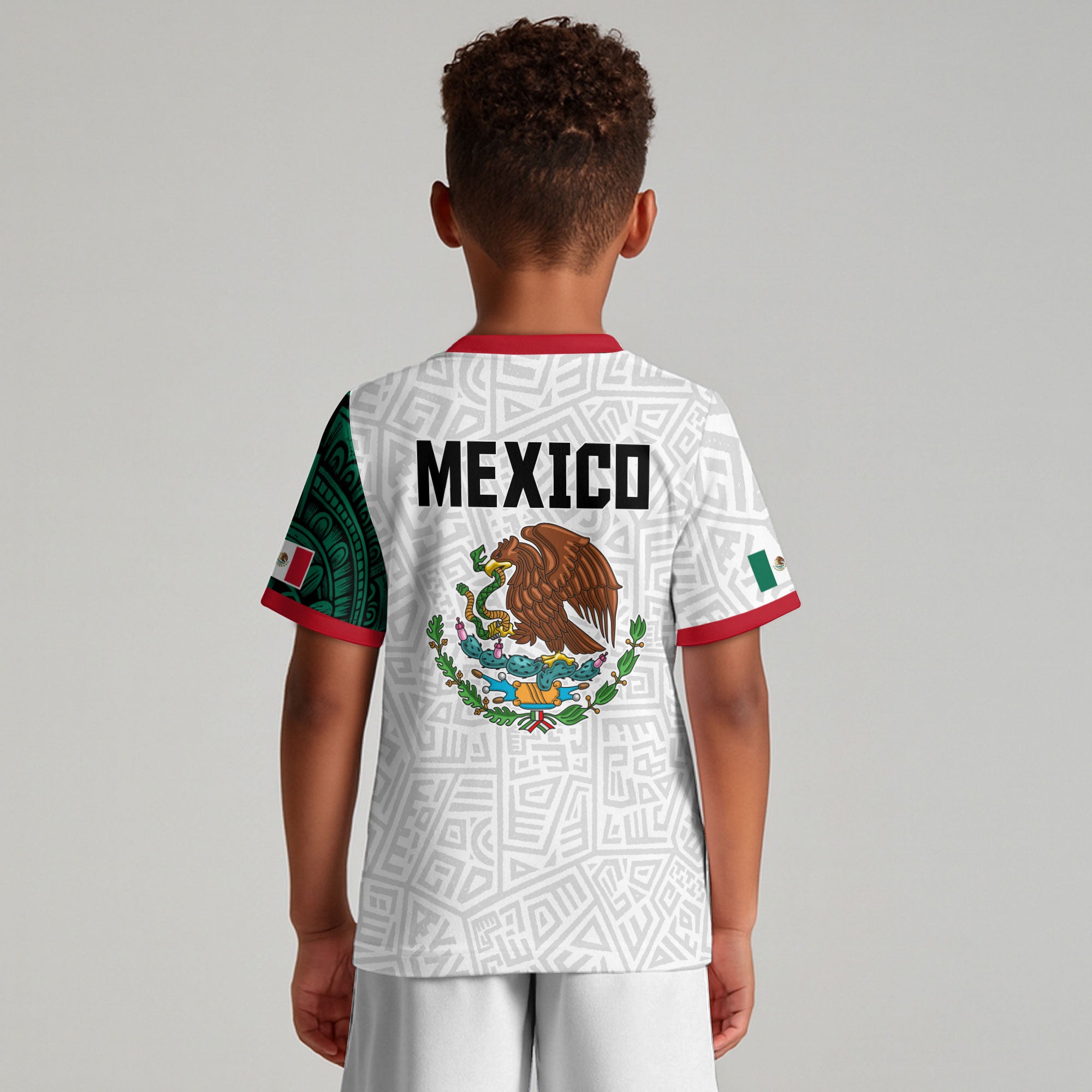 Mexico Kids Soccer Jersey White Green Aztec Pattern Flag Design