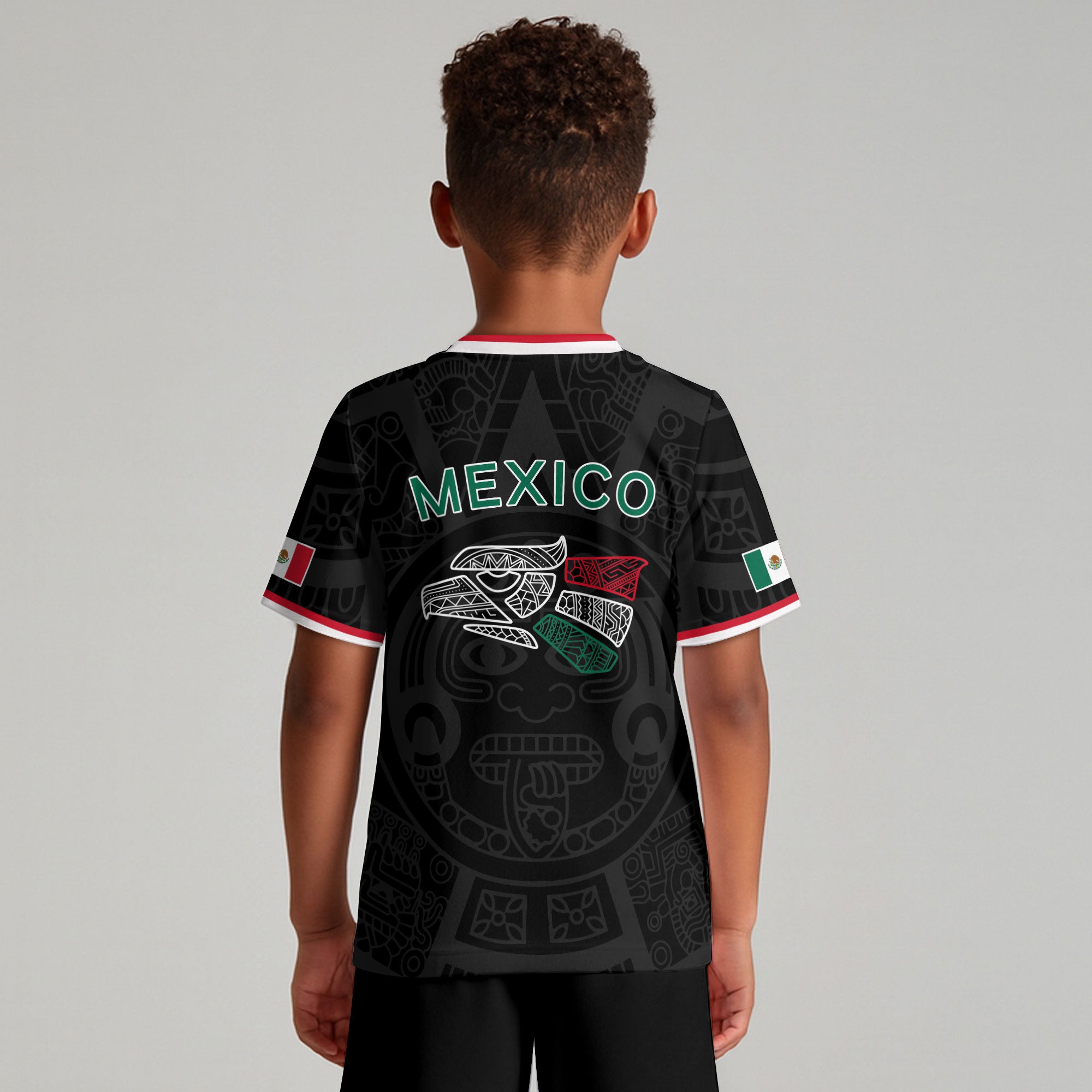 Mexico Kids Soccer Jersey Black Aztec Flag Colors Design
