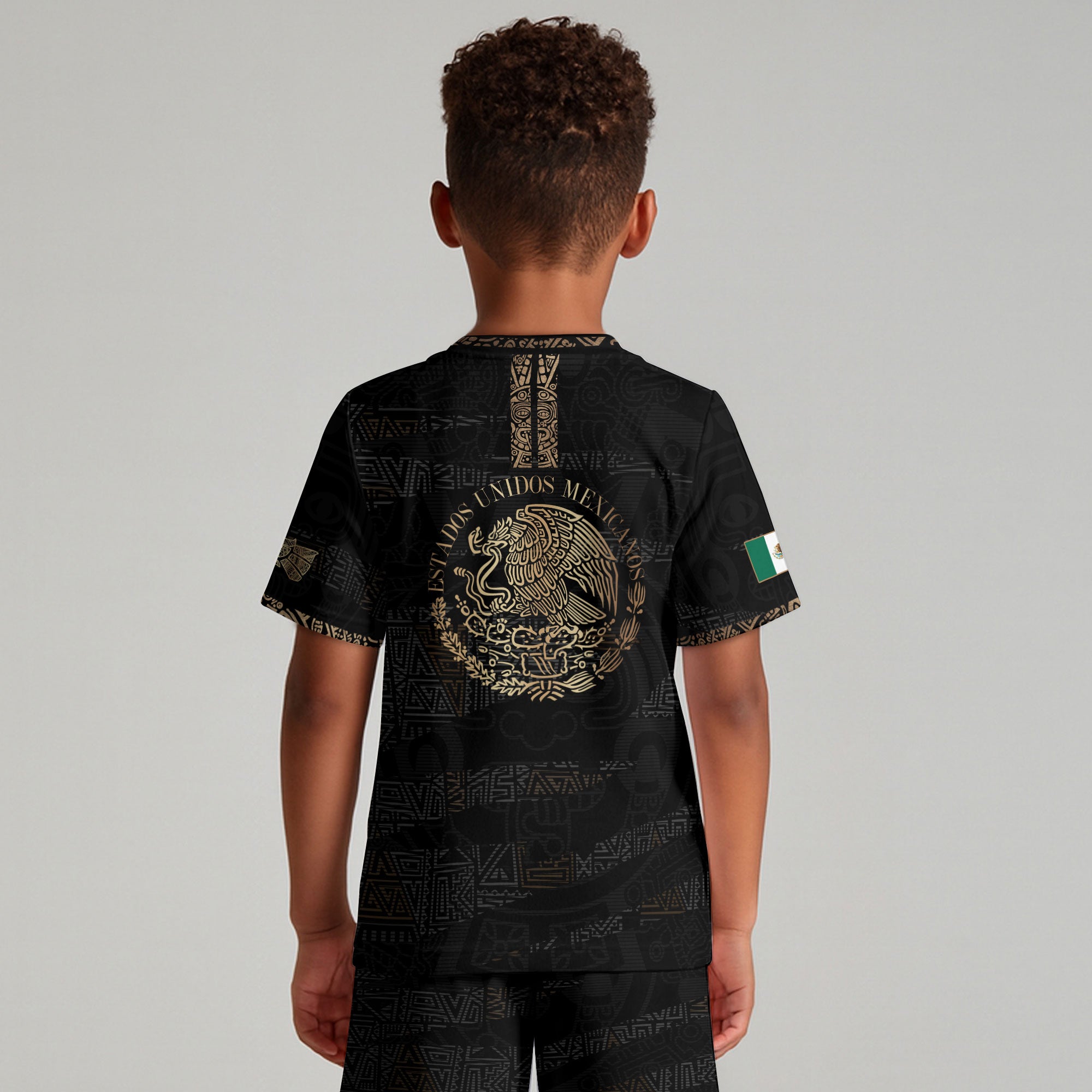Mexico Kids Soccer Jersey Black Gold Aztec Pattern Crest Design