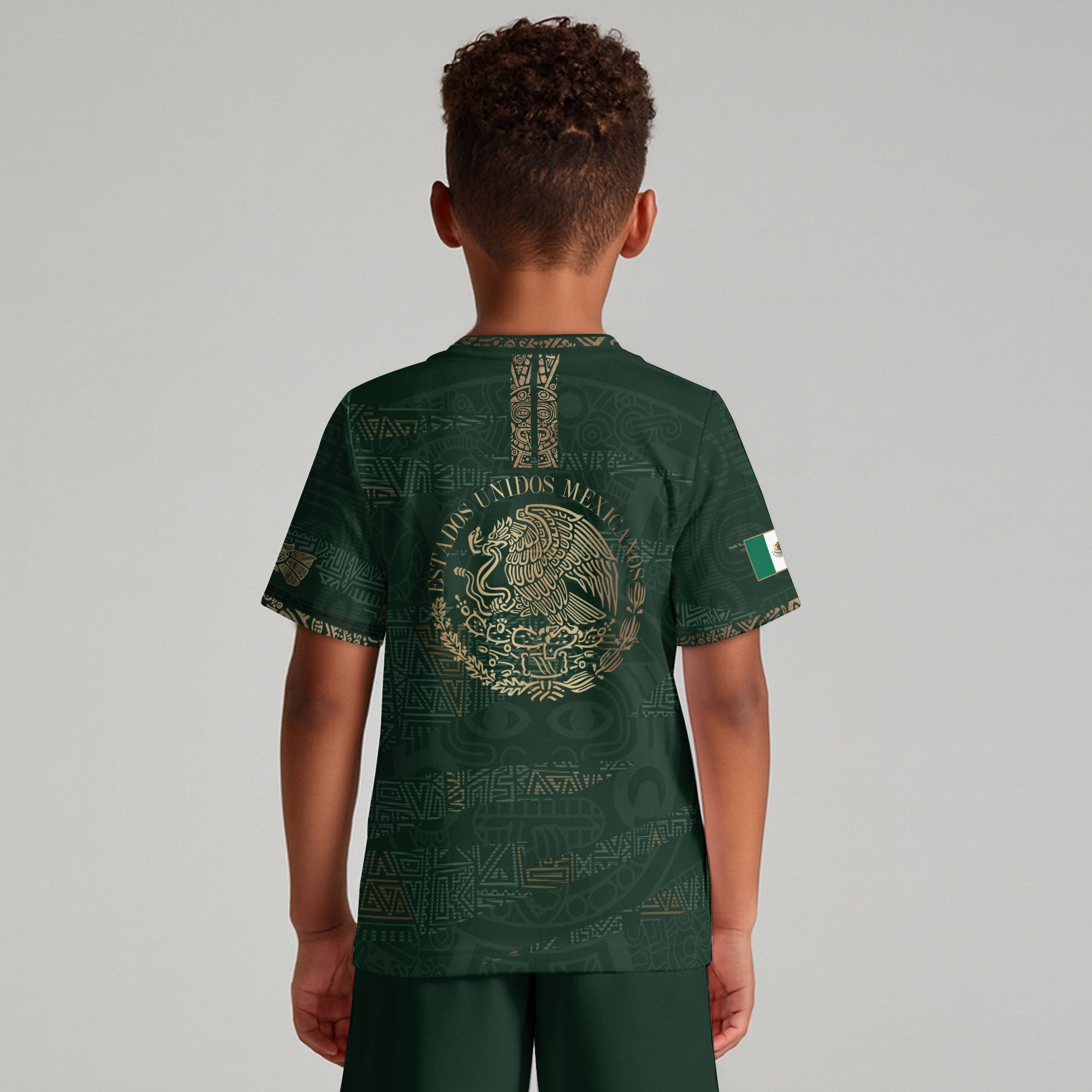 Mexico Kids Soccer Jersey Green Gold Aztec Pattern Crest Design