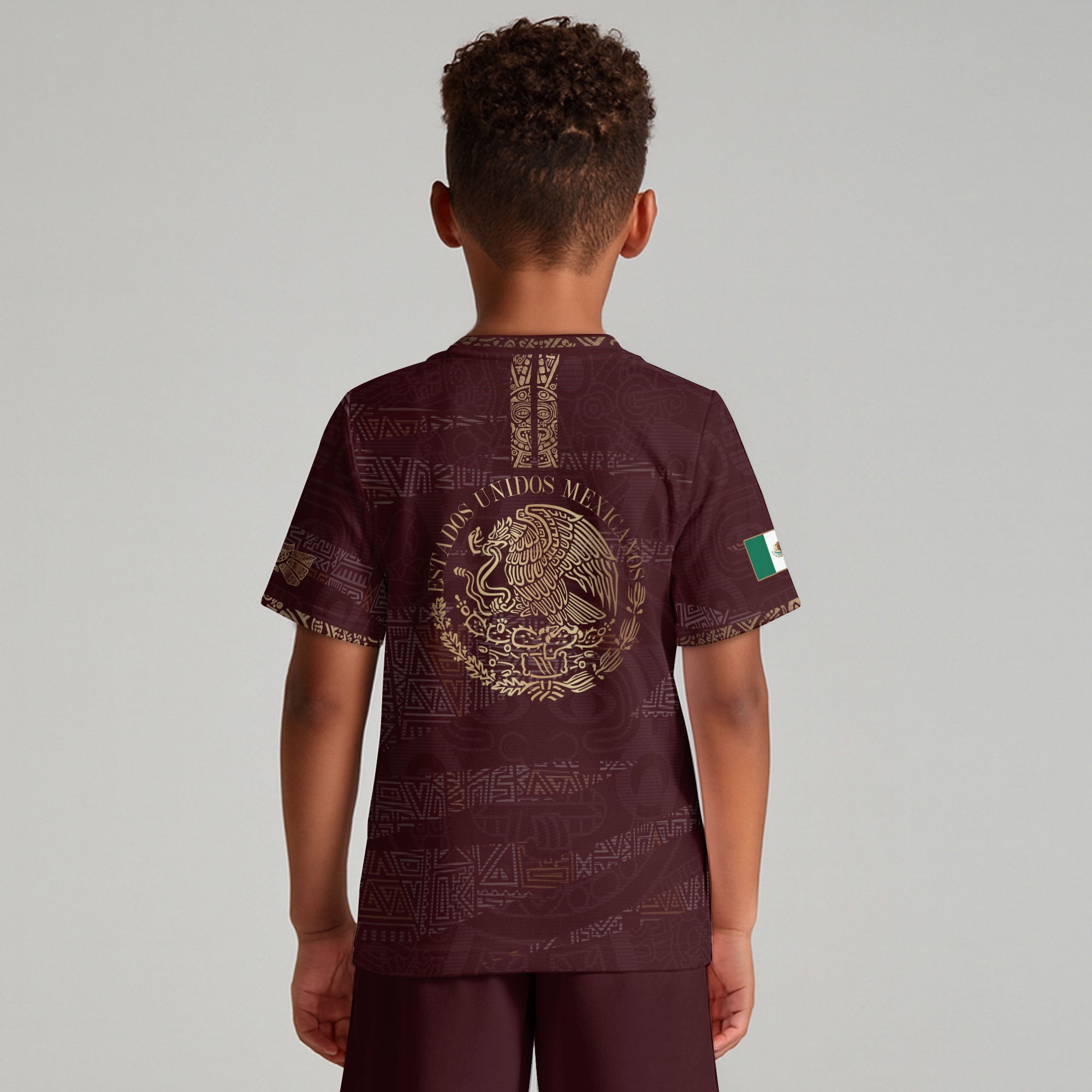 Mexico Kids Soccer Jersey Burgundy Gold Aztec Pattern Crest Design