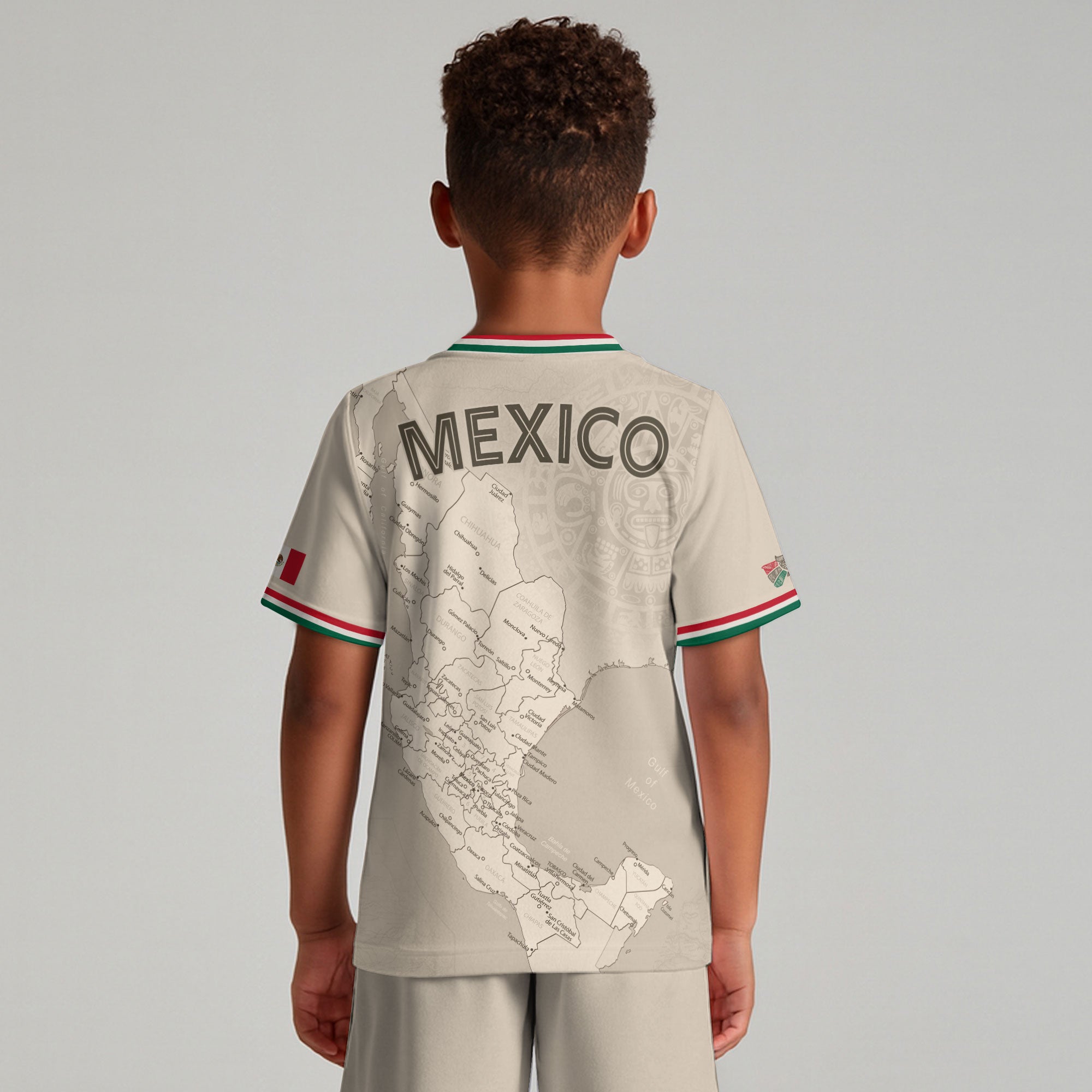 Mexico Kids Soccer Jersey Beige Map Aztec Design