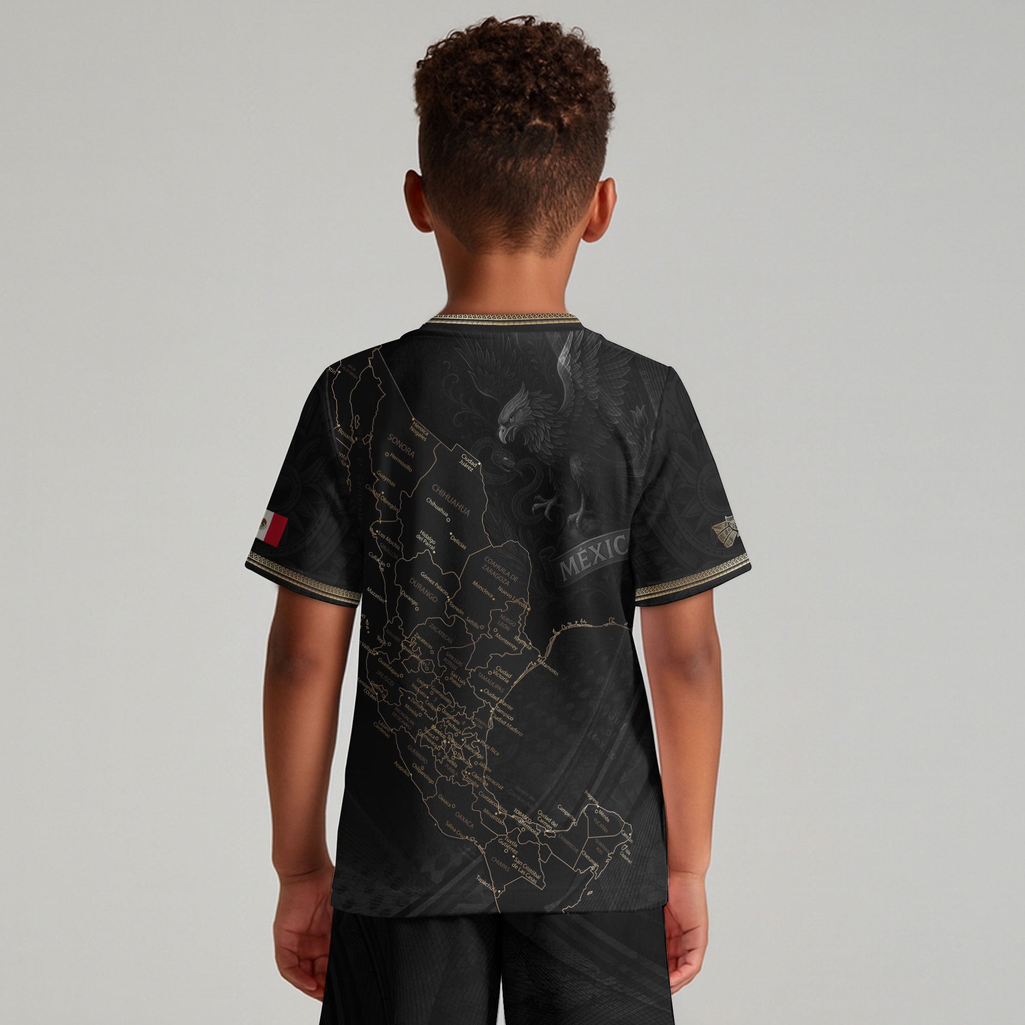 Mexico Kids Soccer Jersey Black Gold Map Aztec Pattern
