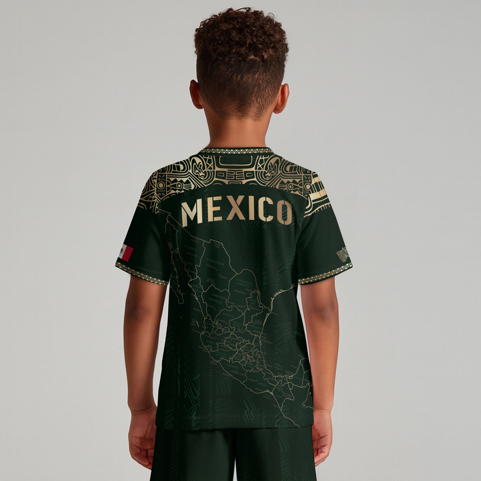 Mexico Kids Soccer Jersey Green Gold Map Aztec Design