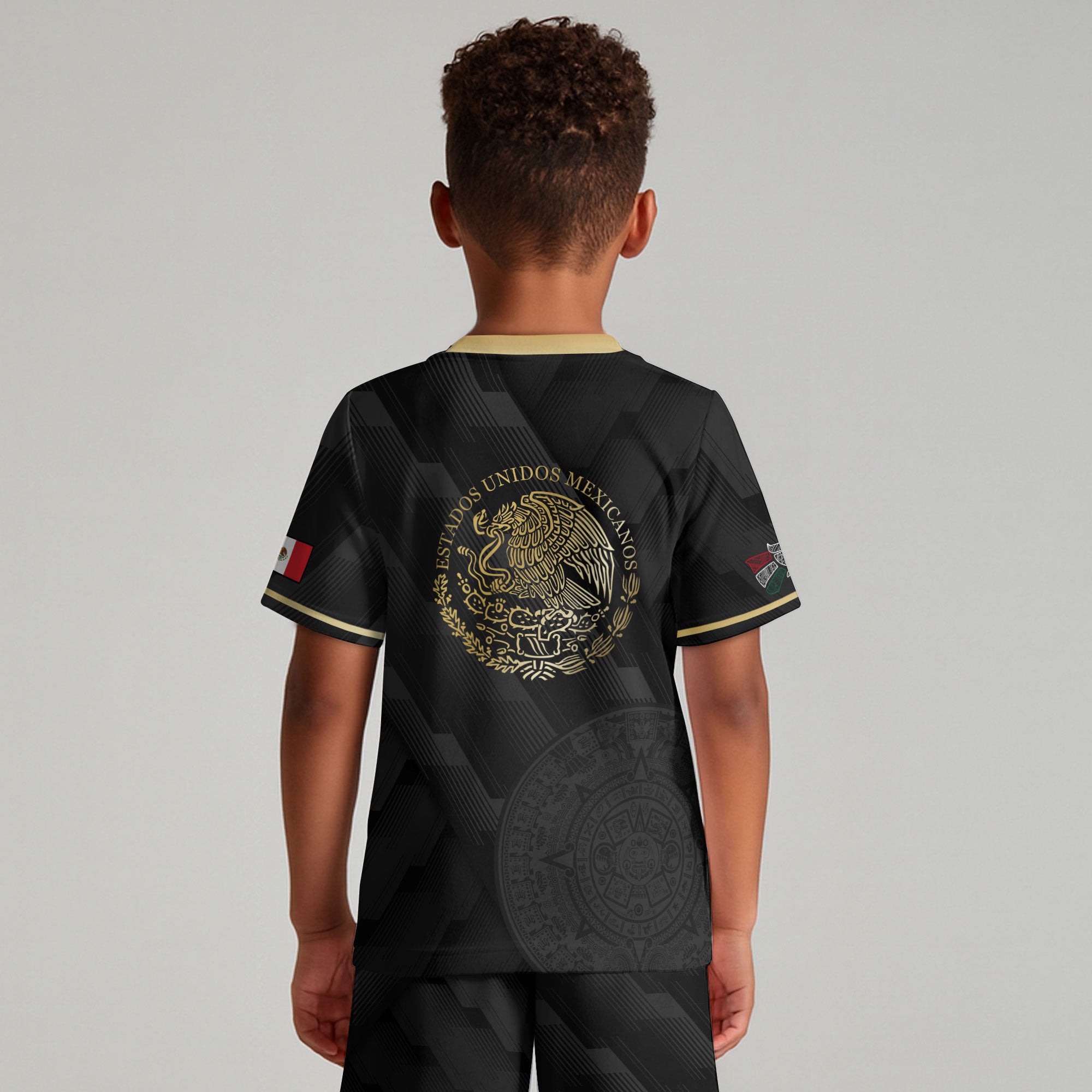 Mexico Kids Soccer Jersey Black Gold Aztec Calendar Crest Design