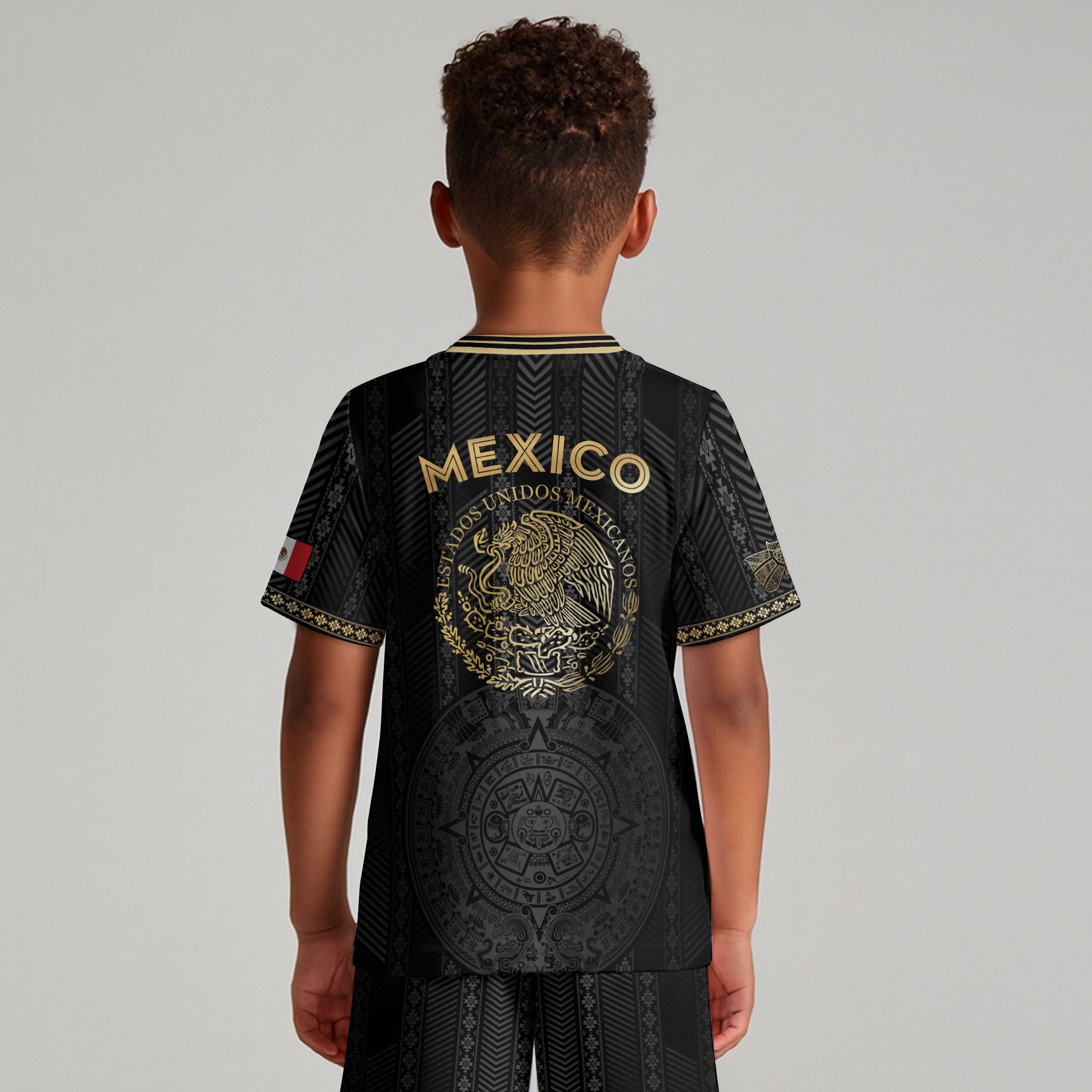 Mexico Kids Soccer Jersey Black Gold Aztec Calendar Design