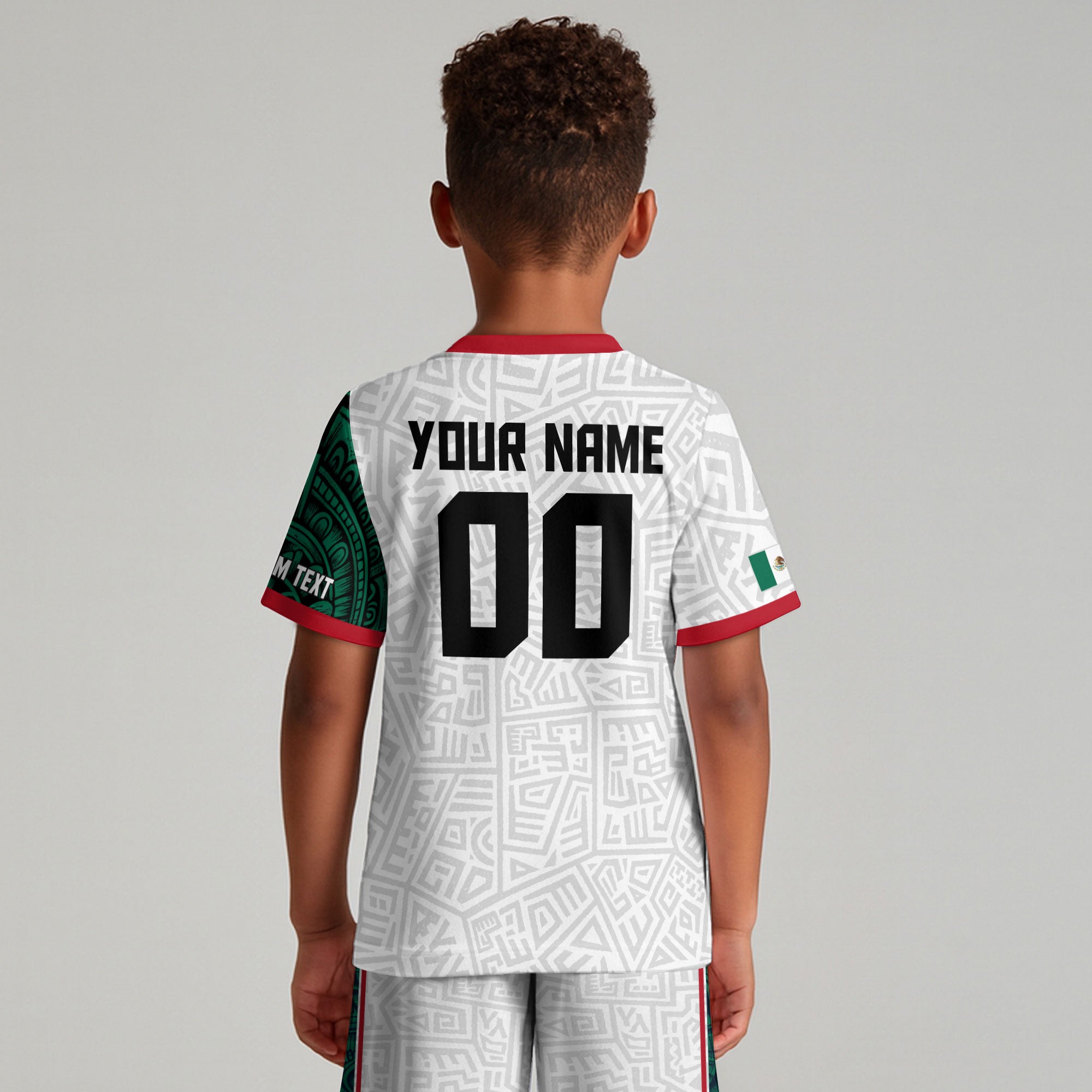 Custom Mexico Kids Soccer Jersey White Green Red Aztec Eagle Design